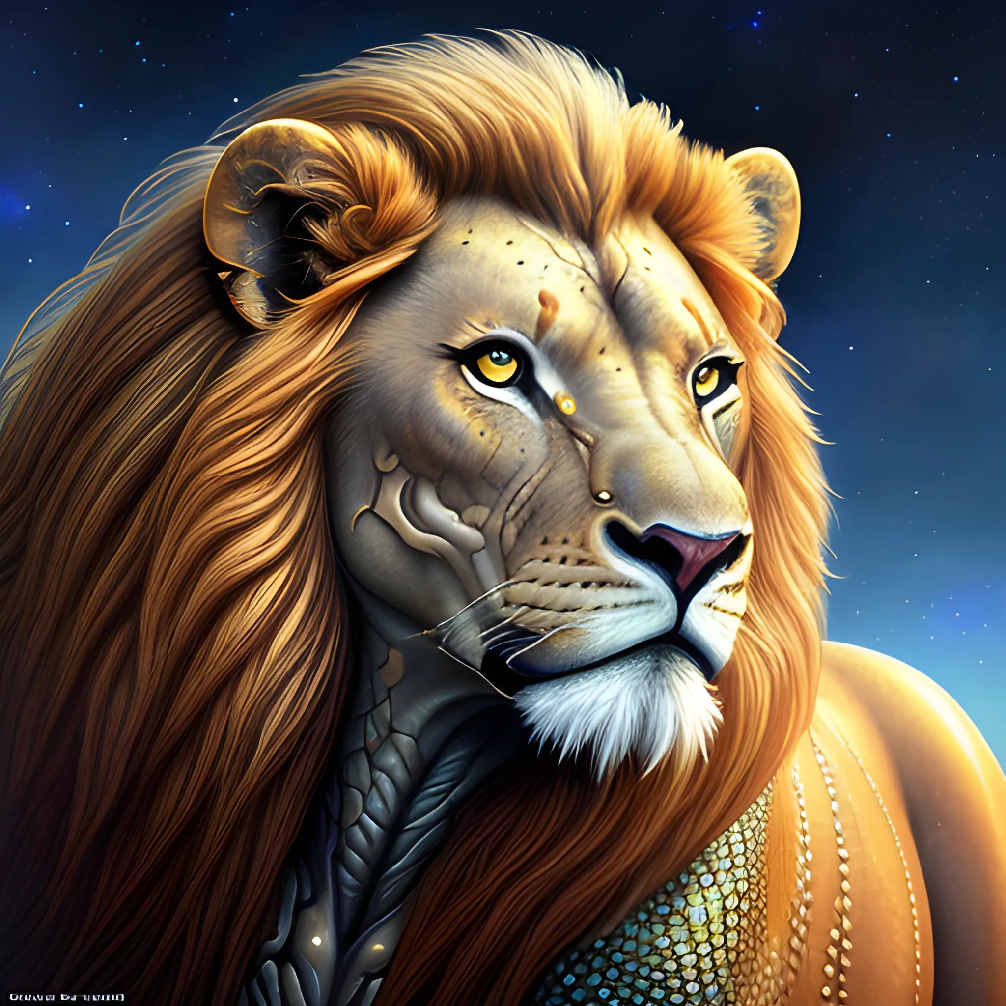 ultra realistic illustration, amazing portrait of a beautiful fantasy alien (lion) girl with scaly skin ultra detailed under the stars, perfect eyes, perfect anatomy, intricate, epic, highly detailed, fantasy color palette, digital painting, art station, concept art , sharp soft focus, illustration, 8k, artwork by Rodney Matthews and carol lundberg (uncommon camera angle and position)