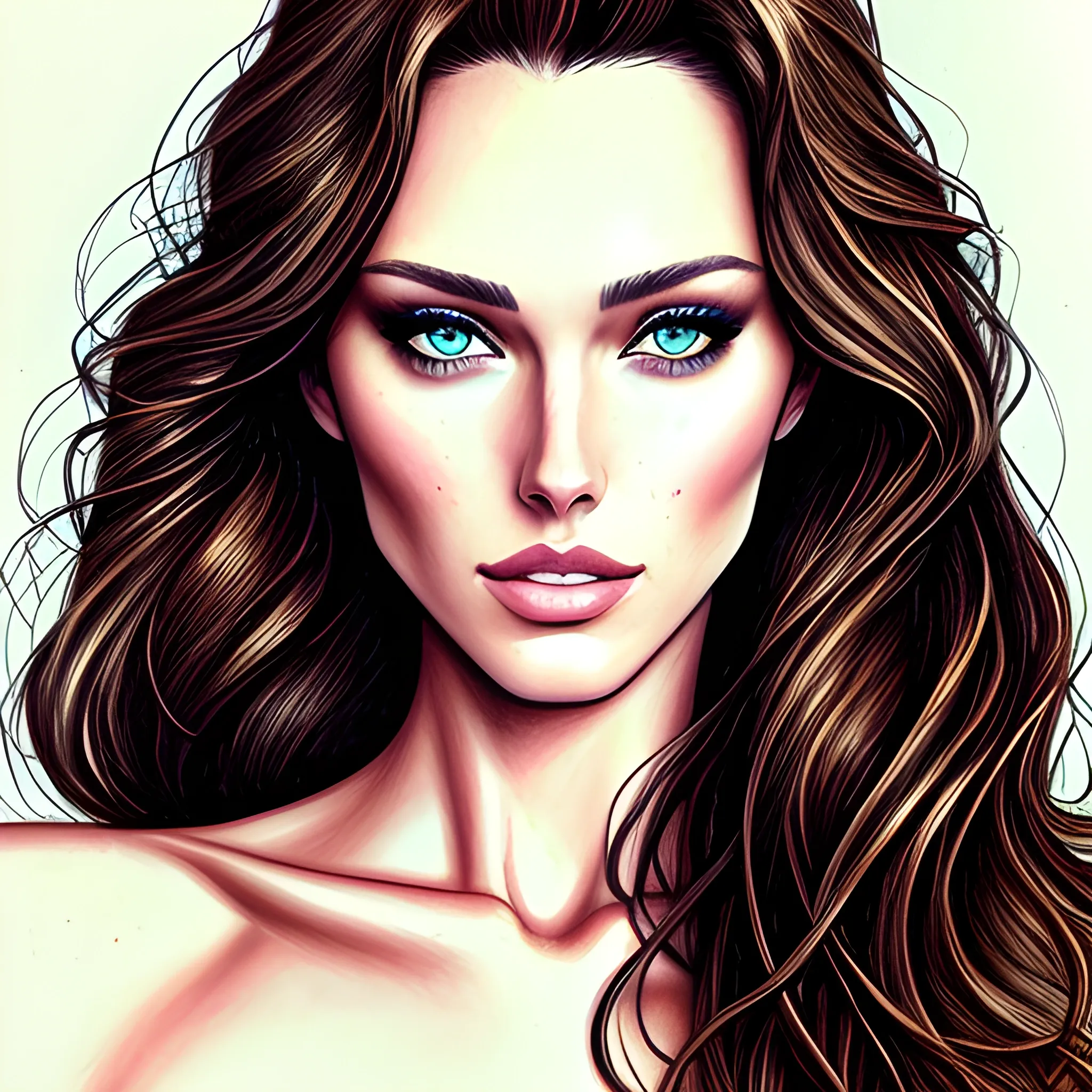 Wonderful young woman (Emily DiDonato:Rachel Cook:0.5), fantastic face, beautiful look, deatiled face , deatiled hair, Pencil Sketch