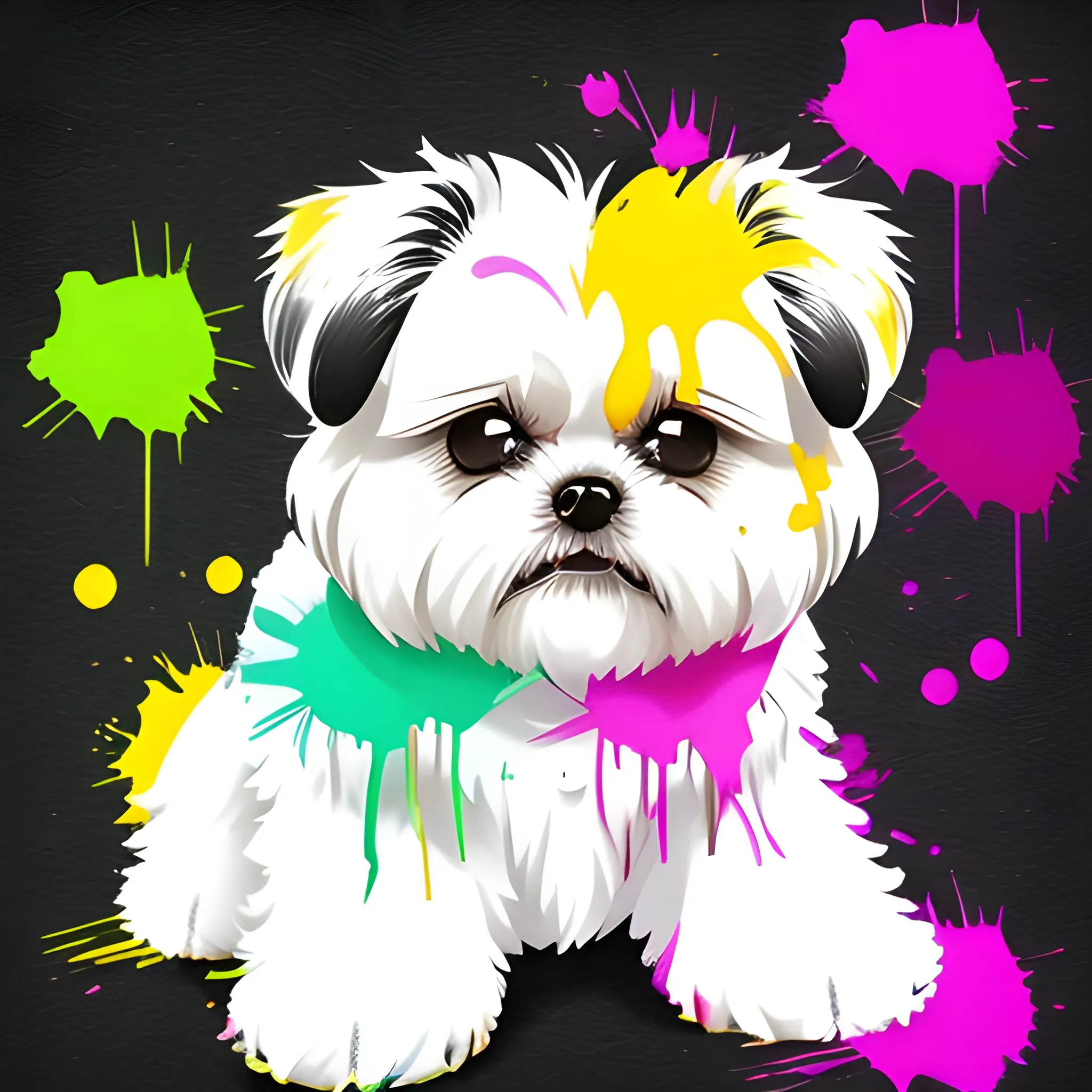 Sweet Cute paint drips and splatters white shih tzu white fluffy graffiti  paint splats, splats paint colors  bows extra paint drops smears  adorable cute  red yellow green purple bouncing ball