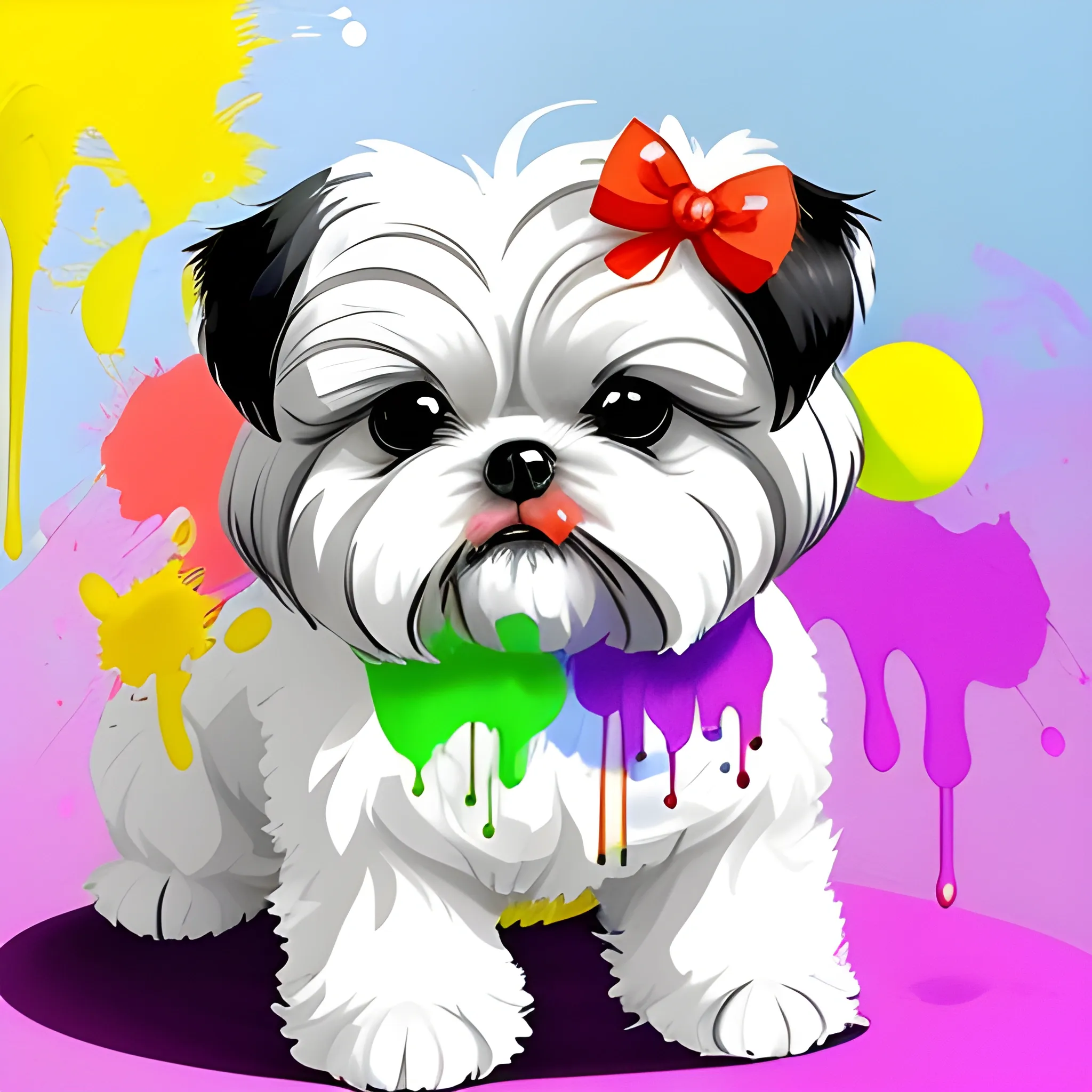 Sweet Cute paint drips and splatters white shih tzu white fluffy graffiti  paint splats, splats paint colors  bows extra paint drops smears  adorable cute  red yellow green purple bouncing ball