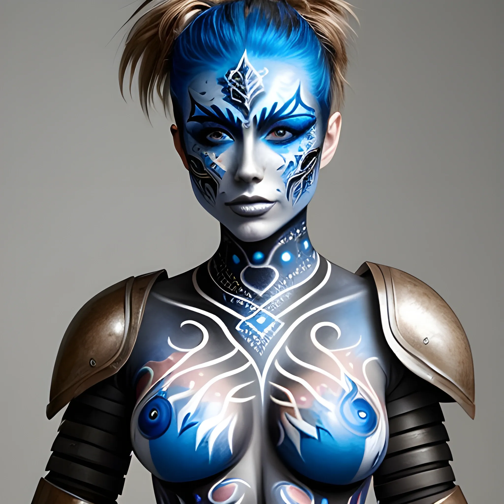 a beautiful body painting model with a blue armour painted on