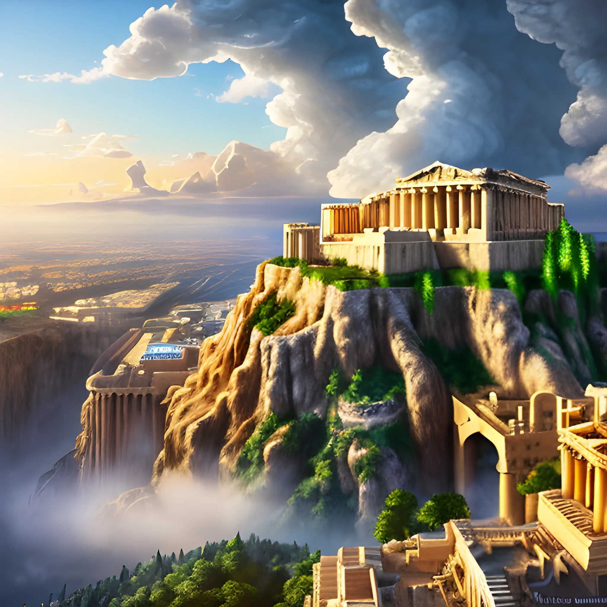 acropolis city in the clouds, highly detailed buildings, heavenly environment with cherubs flying over the city, well lit environment in the sunlight, a waterfall coming out of the clouds and reflecting the sunlight, highly detailed environment, 8k , wide angle