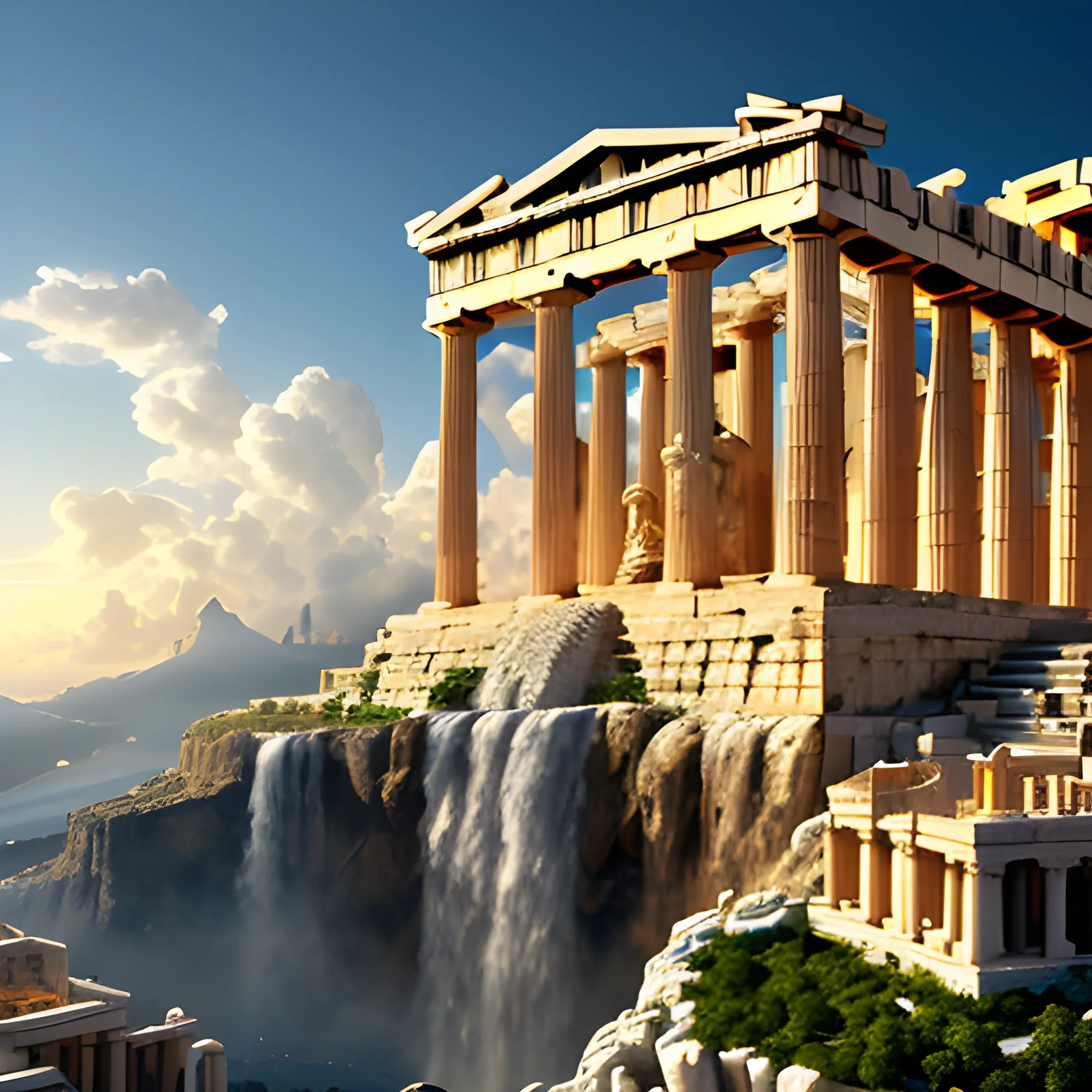 acropolis city surrounded by the clouds, highly detailed buildings with statues of the greek gods, heavenly environment with cherubs flying over the city, well lit environment in the sunlight, a waterfall coming out of the clouds and reflecting the light of the sun, highly detailed environment, 8k, wide angle