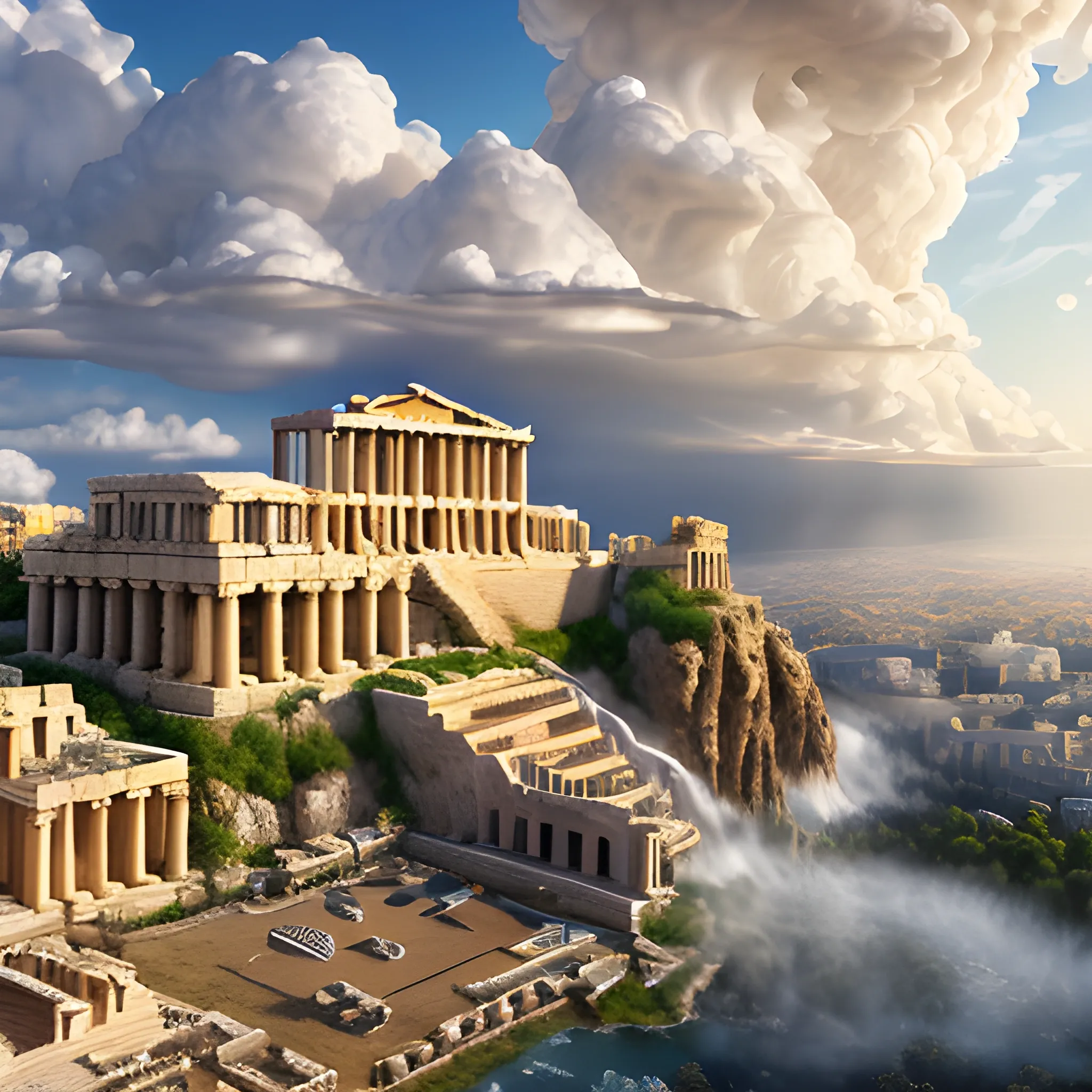 acropolis city surrounded by the clouds, highly detailed buildings with statues of the greek gods, heavenly environment with cherubs flying over the city, well lit environment in the sunlight, a waterfall coming out of the clouds and reflecting the light of the sun, highly detailed environment, 8k, wide angle