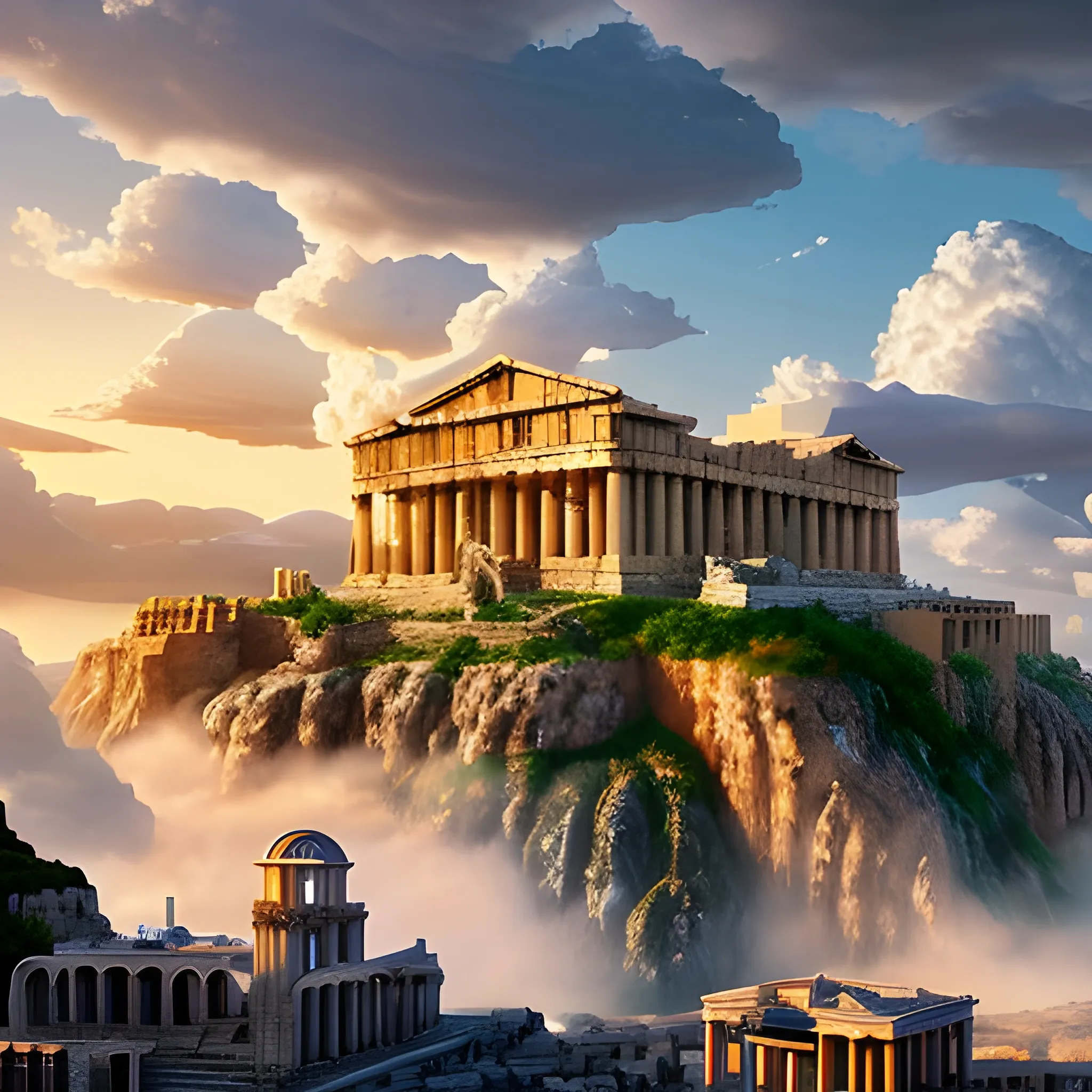 acropolis city surrounded by the clouds, highly detailed buildings with statues of the greek gods, heavenly look, well lit environment in the sunlight, a waterfall coming out of the clouds and reflecting the sunlight, highly detailed environment, 8k, wide angle