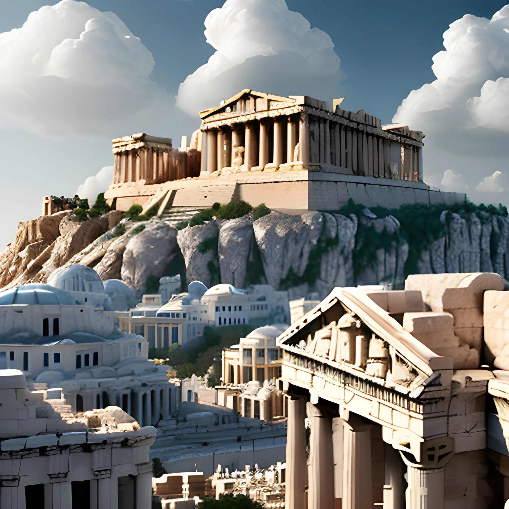 Acropolis city built in the sky surrounded by clouds, denoting heavenly appearance, well-lit environment in daylight, statues of the Greek gods in the middle of the city, detailed appearance of the statues, 8k details, wide angle, 3D