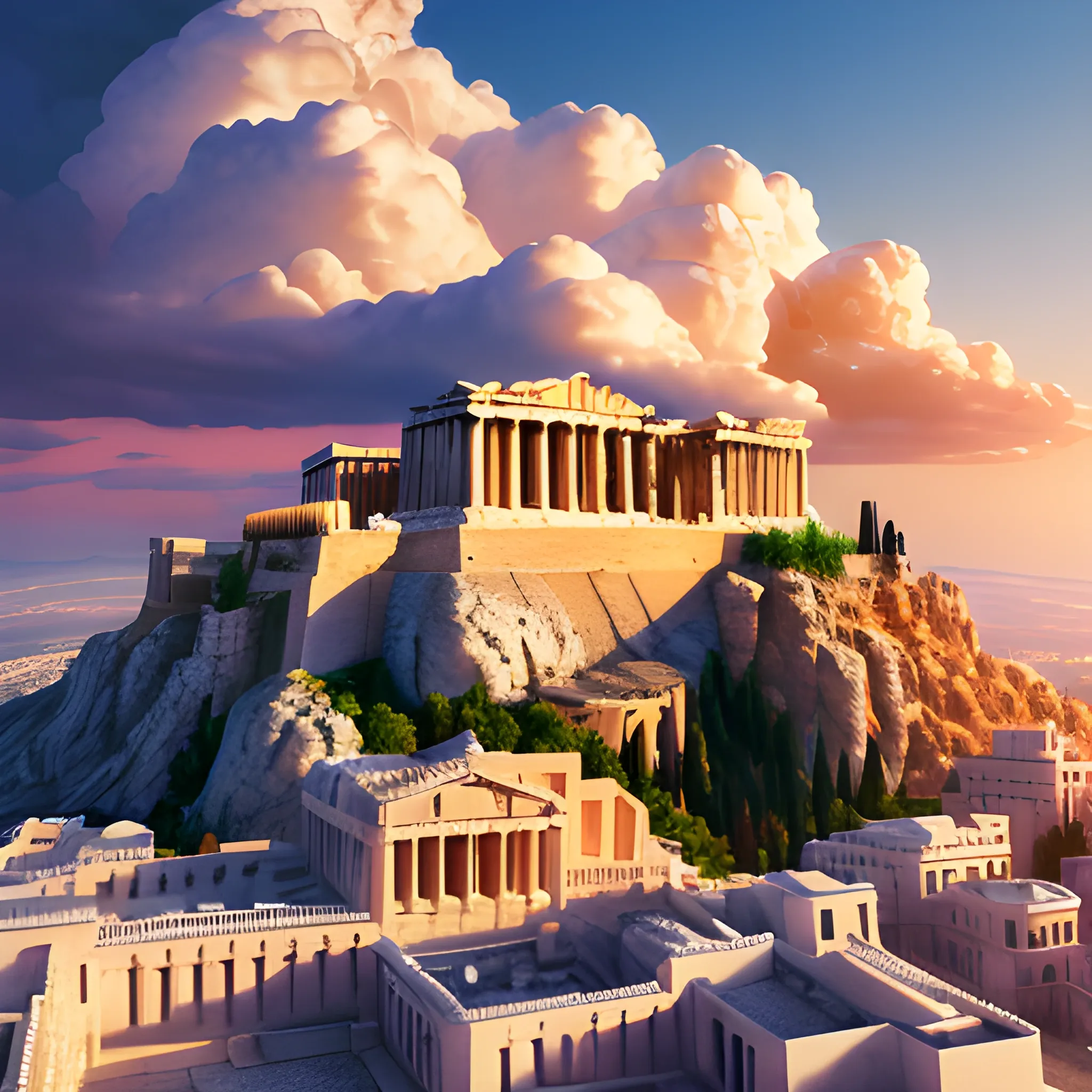 Acropolis city flying in the sky surrounded by clouds, denoting heavenly appearance, well-lit environment in daylight, statues of the Greek gods in the middle of the city, detailed appearance of the statues, details 8k, wide angle, 3D, image hyper realistic