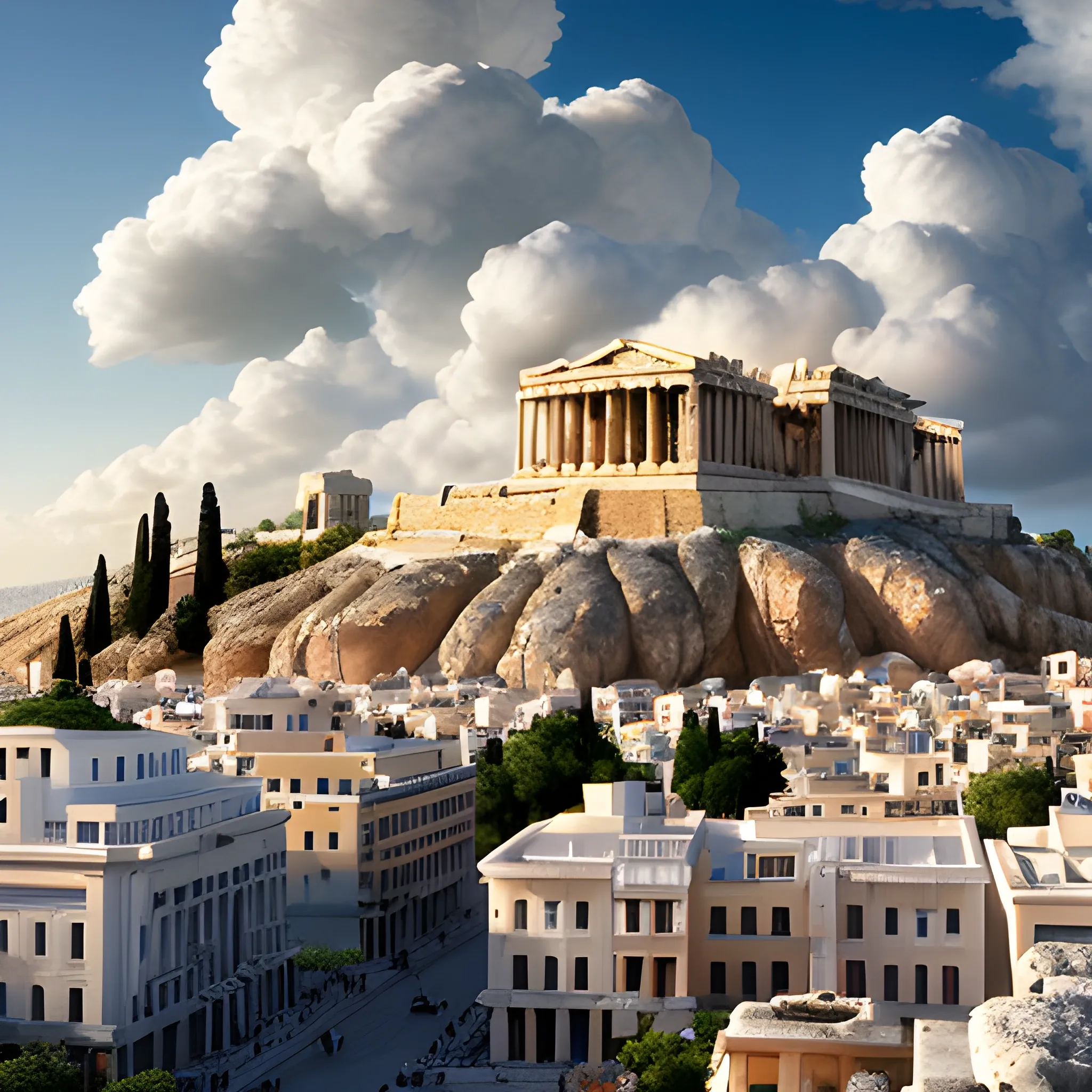 Acropolis city of Athens flying in the sky surrounded by clouds, denoting heavenly appearance, well-lit environment in daylight, statues of the Greek gods in the middle of the city, detailed appearance of the statues, 8k details, wide angle, 3D , hyper realistic image