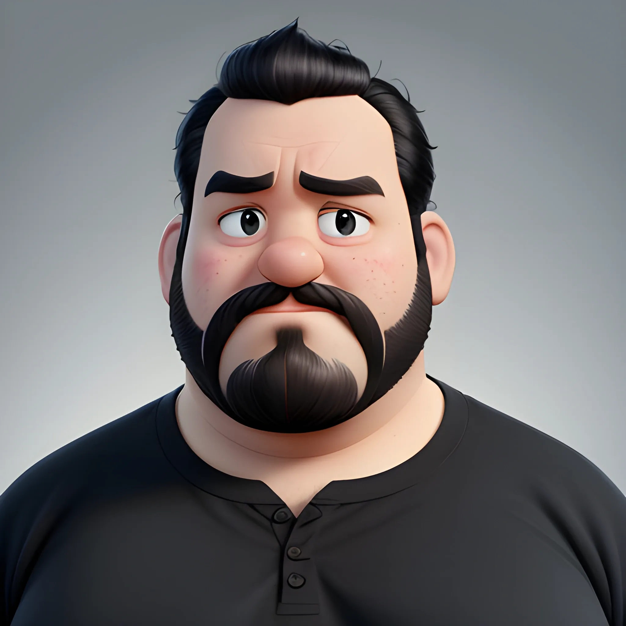 A Portrait Shots of an unreleased Pixar movie wearing black shirt, 8K, character description is a fat 38 years old guy, curl mid hair with diadem, wide face, dark circle under eyes, black beard, latino , Cartoon