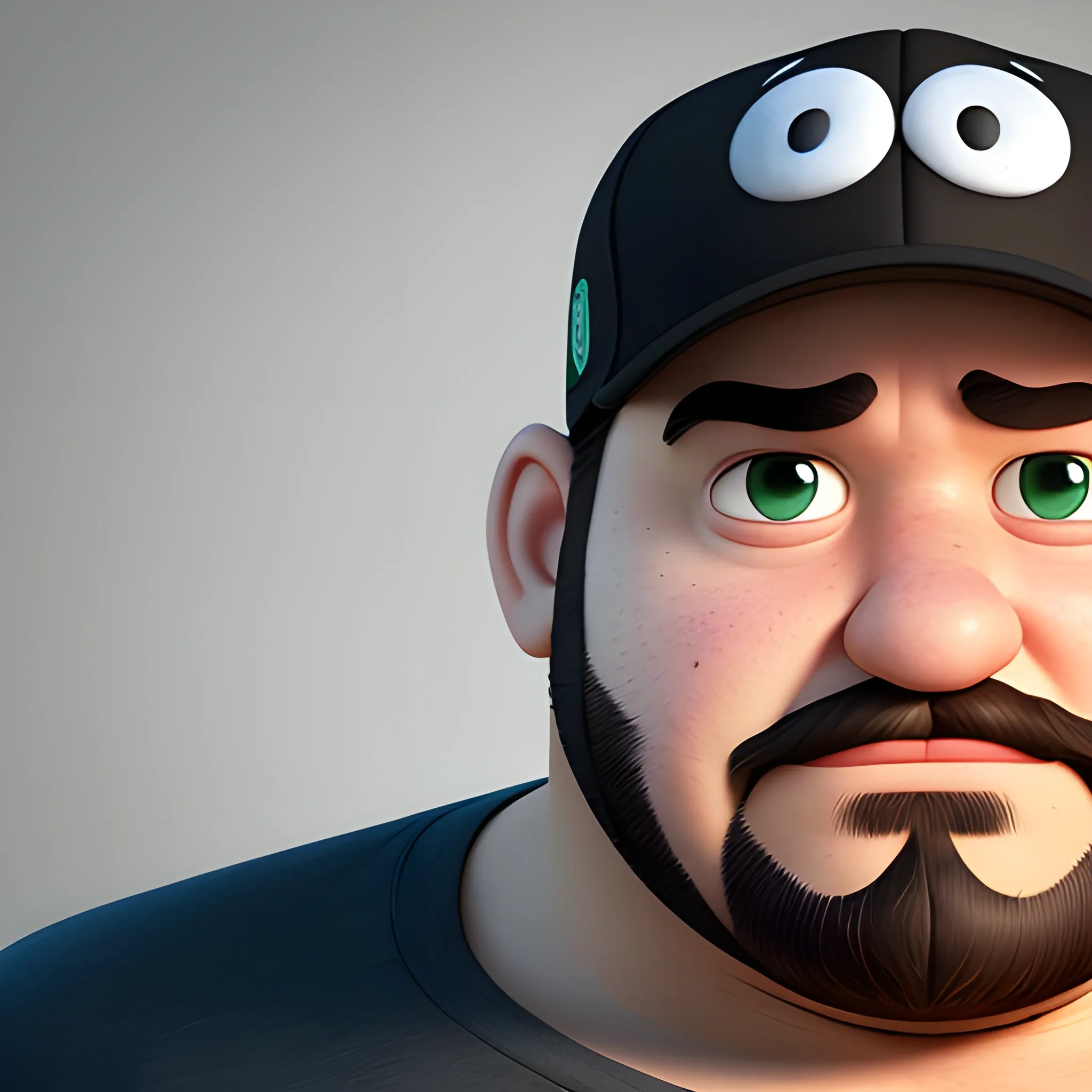 A Portrait Shots of an unreleased Pixar movie wearing black shirt, 8K, character description is a fat 38 years old guy, curly mid brown hair with reverse snapback hat of boston celtics, wide face, dark circle under eyes, brown beard, latino , Cartoon