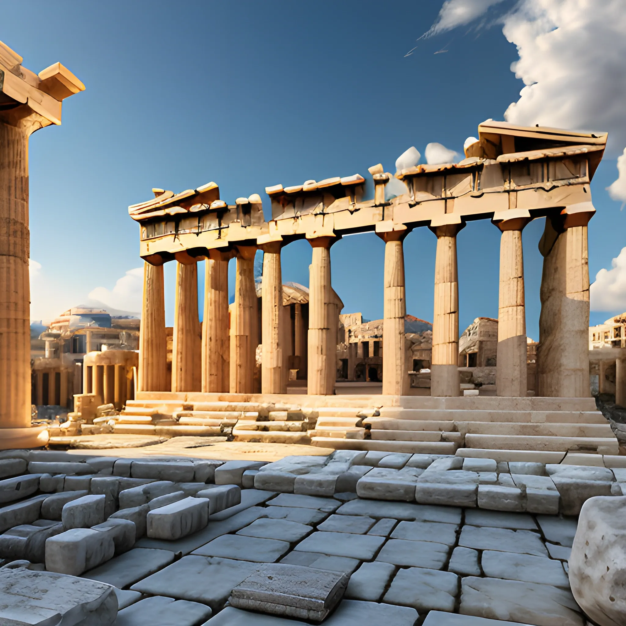 Athens city of Pericles, 5th century BC, realistic construction, detailed construction, film lighting, (8k, RAW photo, best quality), (realistic, photo-realistic) clouds, daytime sky, sunlight hitting the city, detailed buildings , streets, ancient greek look, well detailed altar to the gods