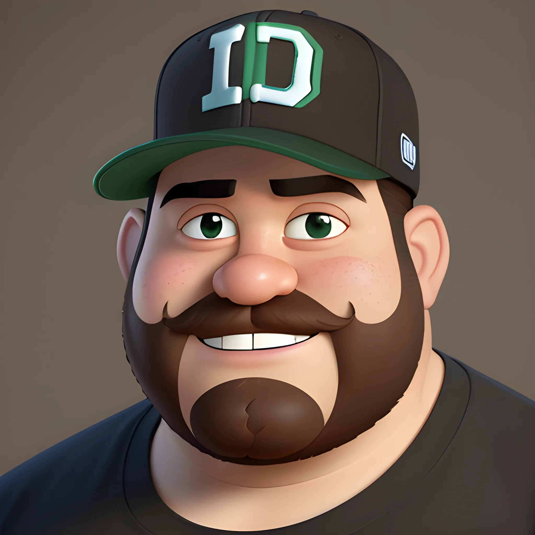 A Portrait Shots of an unreleased Pixar movie wearing black shirt, 8K, character description is a fat 38 years old guy, curly mid brown hair with the other way around snapback hat of boston celtics, wide face, dark circle under eyes, brown beard, latino , Cartoon, light brown eyes color