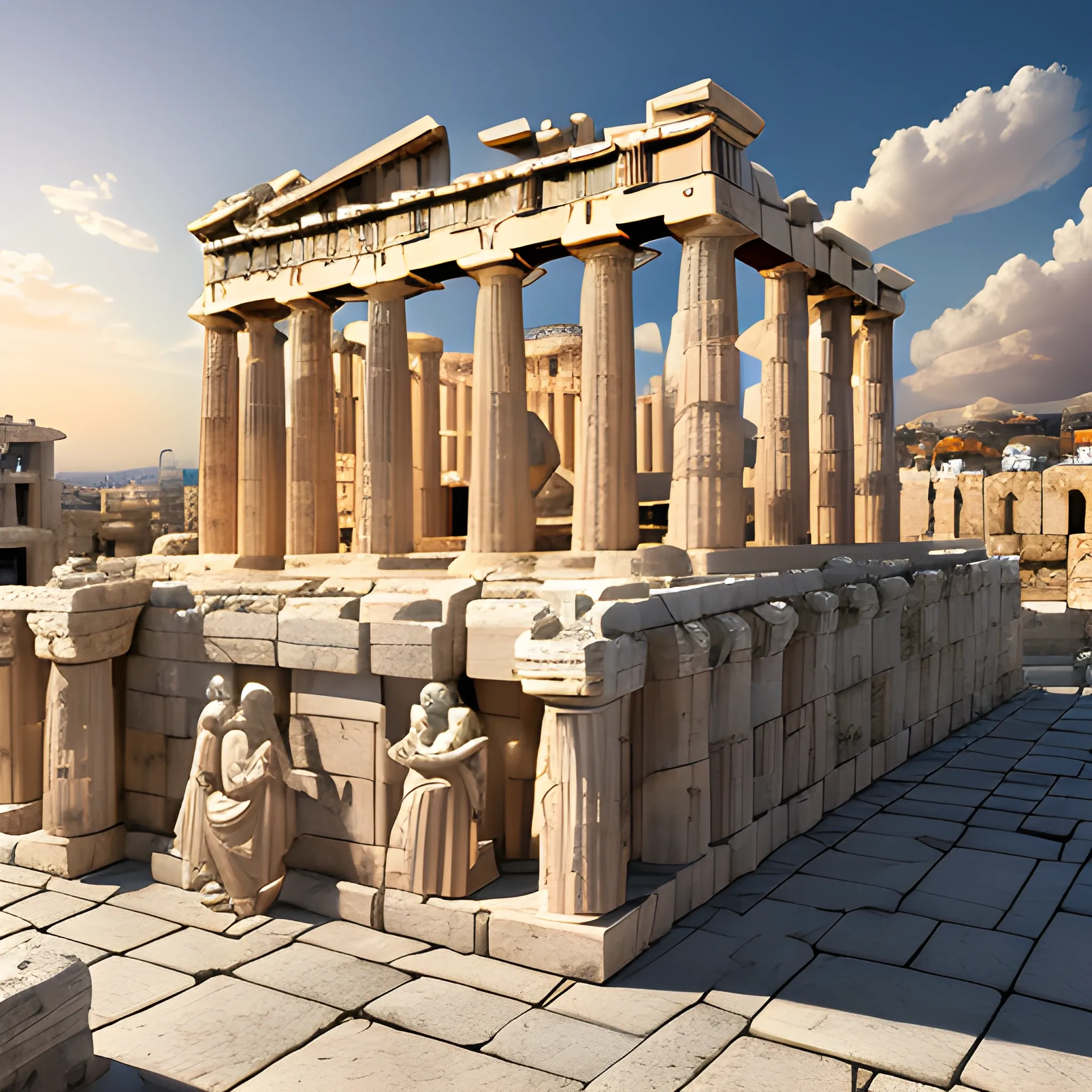 Athens city of Pericles, built in the 5th century BC, realistic construction, detailed construction, cinematographic lighting, (8k, RAW photo, best quality), (realistic, photo-realistic) clouds, daytime sky, sunlight giving the city, detailed buildings, streets, ancient greek look, well detailed altar to the gods