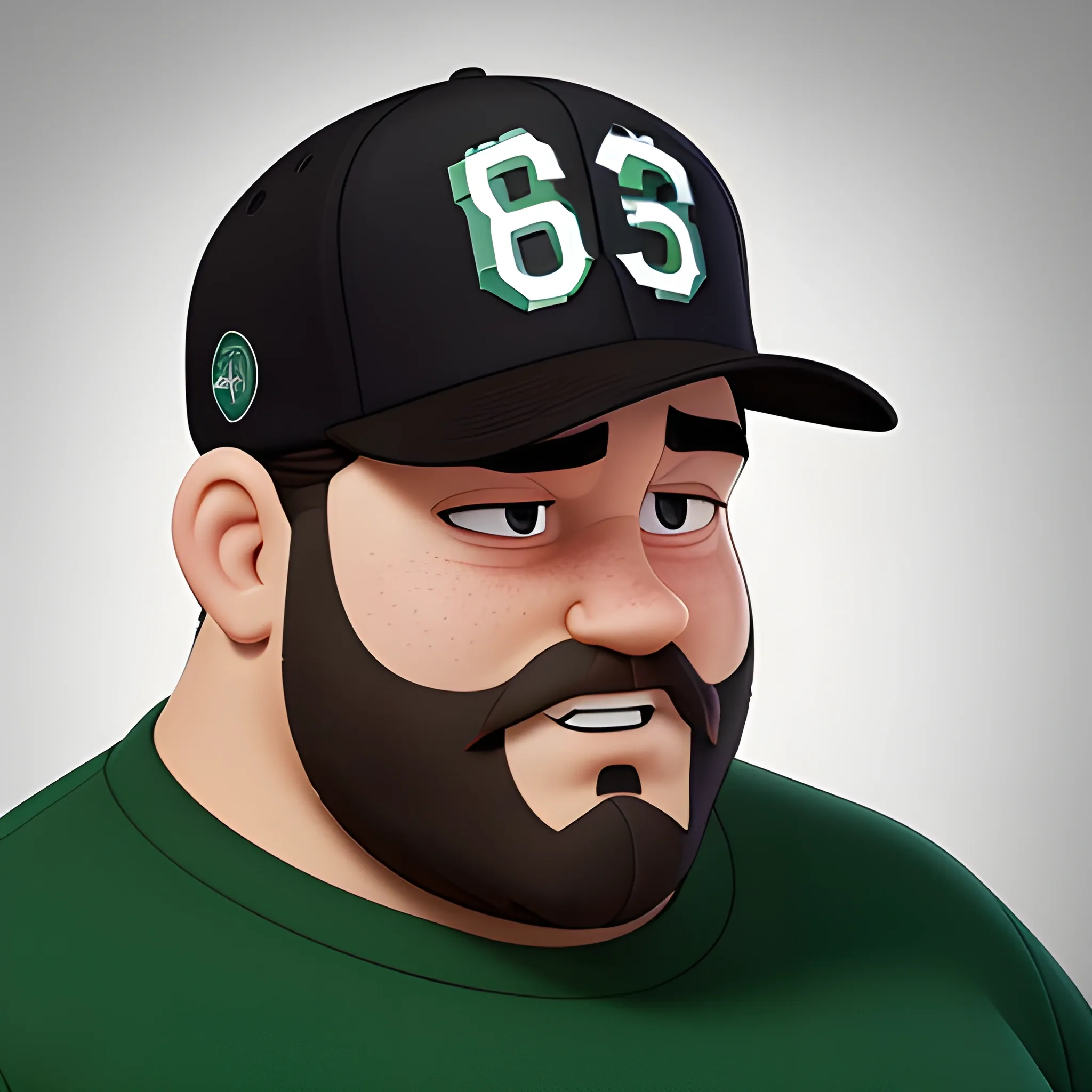 A Portrait Shots of an unreleased Pixar movie wearing black shirt, 8K, character description is a fat 38 years old guy, curly mid brown hair with the other way around snapback hat of boston celtics, wide face, dark circle under eyes, brown beard, latino , Cartoon, light brown eyes color