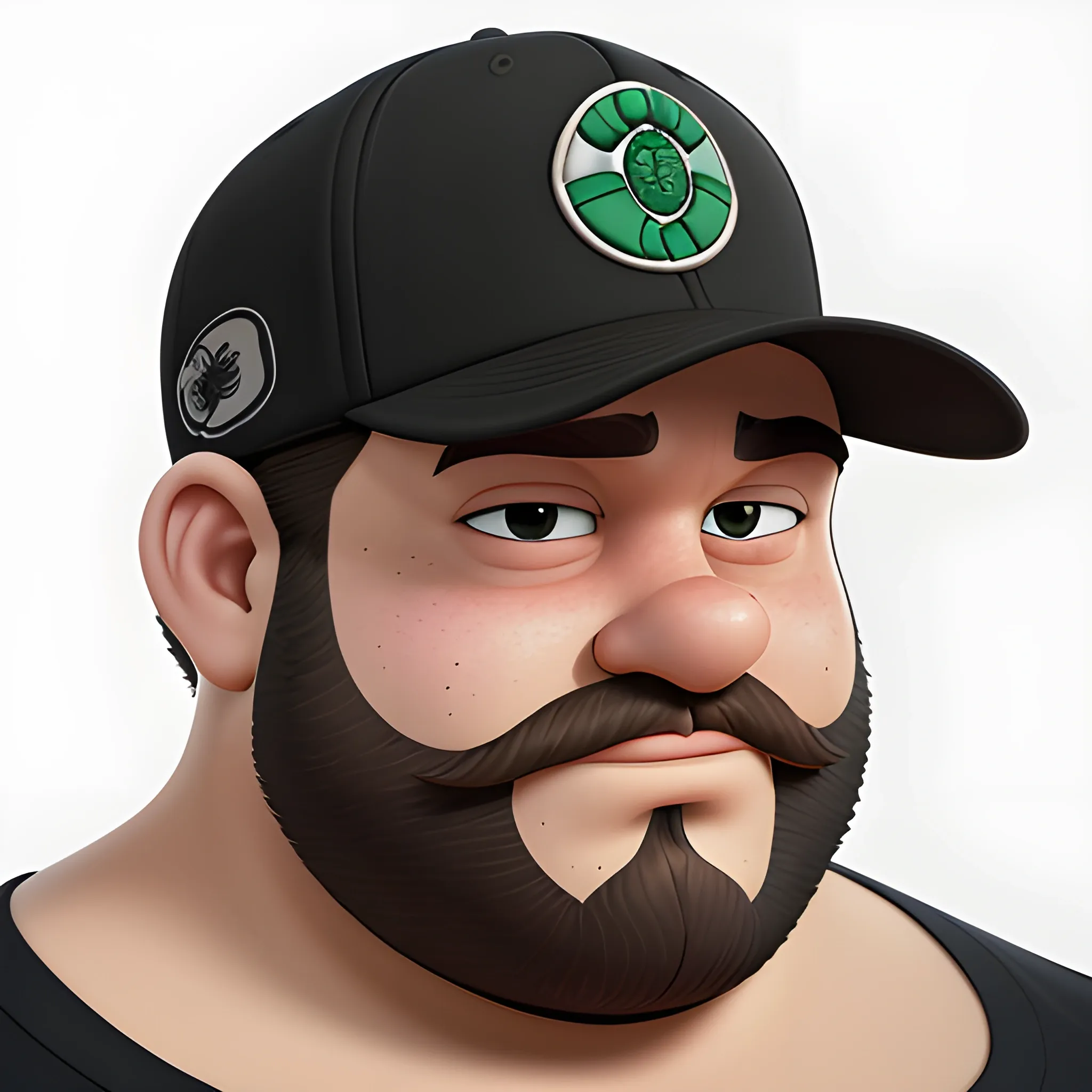 A Portrait Shots of an unreleased Pixar movie wearing black shirt, 8K, character description is a fat 38 years old guy, curly mid brown hair with the other way around snapback hat of boston celtics, wide face, dark circle under eyes, brown beard, latino , Cartoon, light brown eyes color, right arm sleeve mandala tattoo