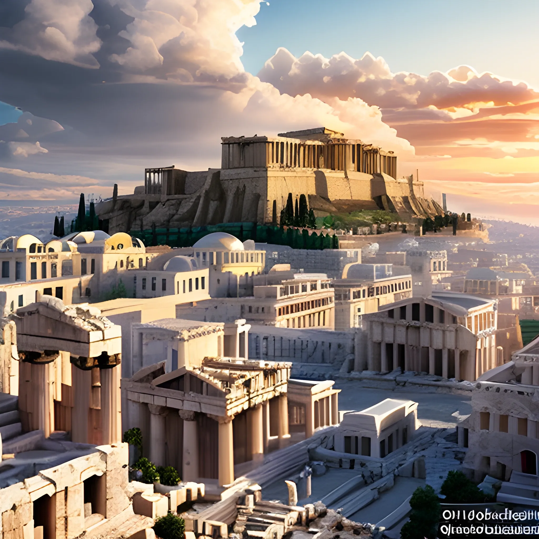 Acropolis city floating in the sky surrounded by clouds, which denotes a heavenly appearance, well-lit environment in daylight, street details, Greek buildings, ancient Greek architectural details, detailed environment, hyper realistic, cinematic lighting , heavenly city, detailed clouds, detailed appearance of the statues, 8k details, wide angle, 3D