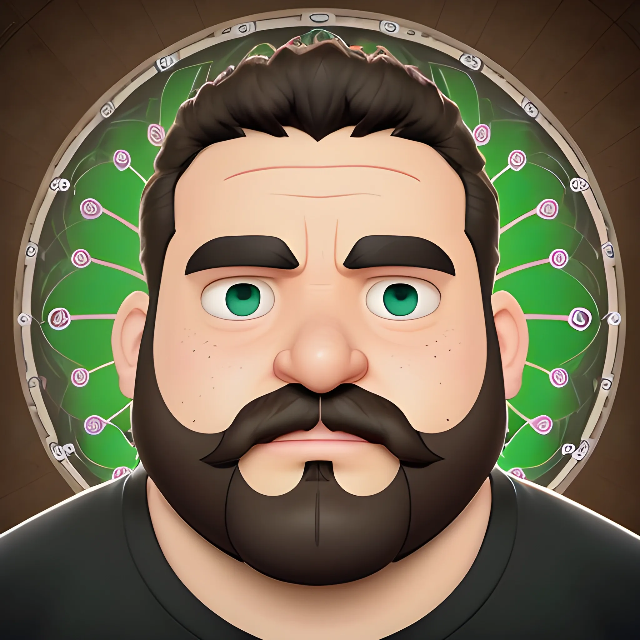 A Portrait Shots of an unreleased Pixar movie wearing black shirt, 8K, character description is a fat 38 years old guy, curly mid brown hair with the other way around snapback hat of boston celtics, wide face, dark circle under eyes, brown beard with low cut mustache, latino , Cartoon, light brown eyes color, right arm sleeve mandala tattoo
