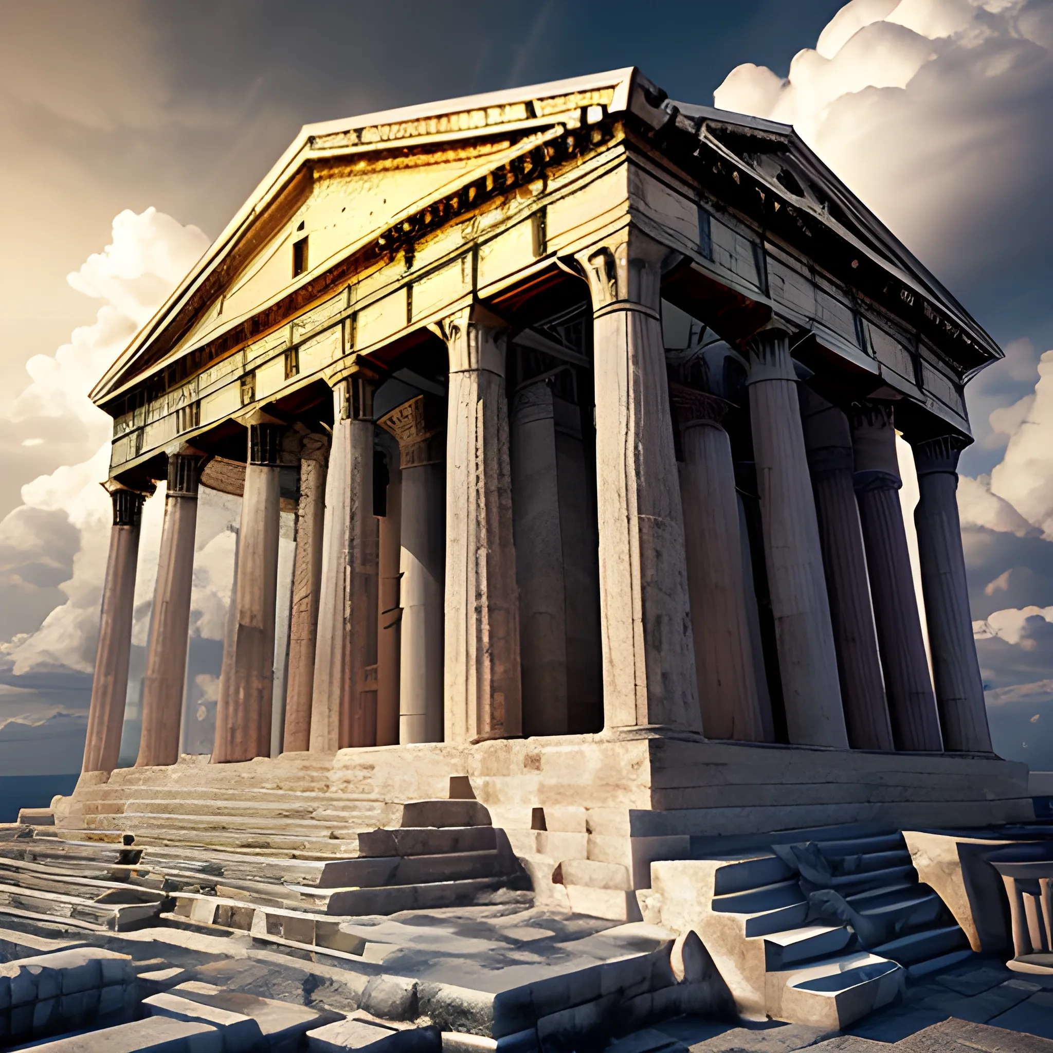 Greek pantheon built in the sky surrounded by clouds, which denotes a heavenly appearance, well-lit environment in daylight, street details, Greek buildings, ancient Greek architectural details, detailed environment, hyper realistic, cinematic lighting, city heavenly, detailed clouds, detailed appearance of the statues, 8k details, wide angle, 3D