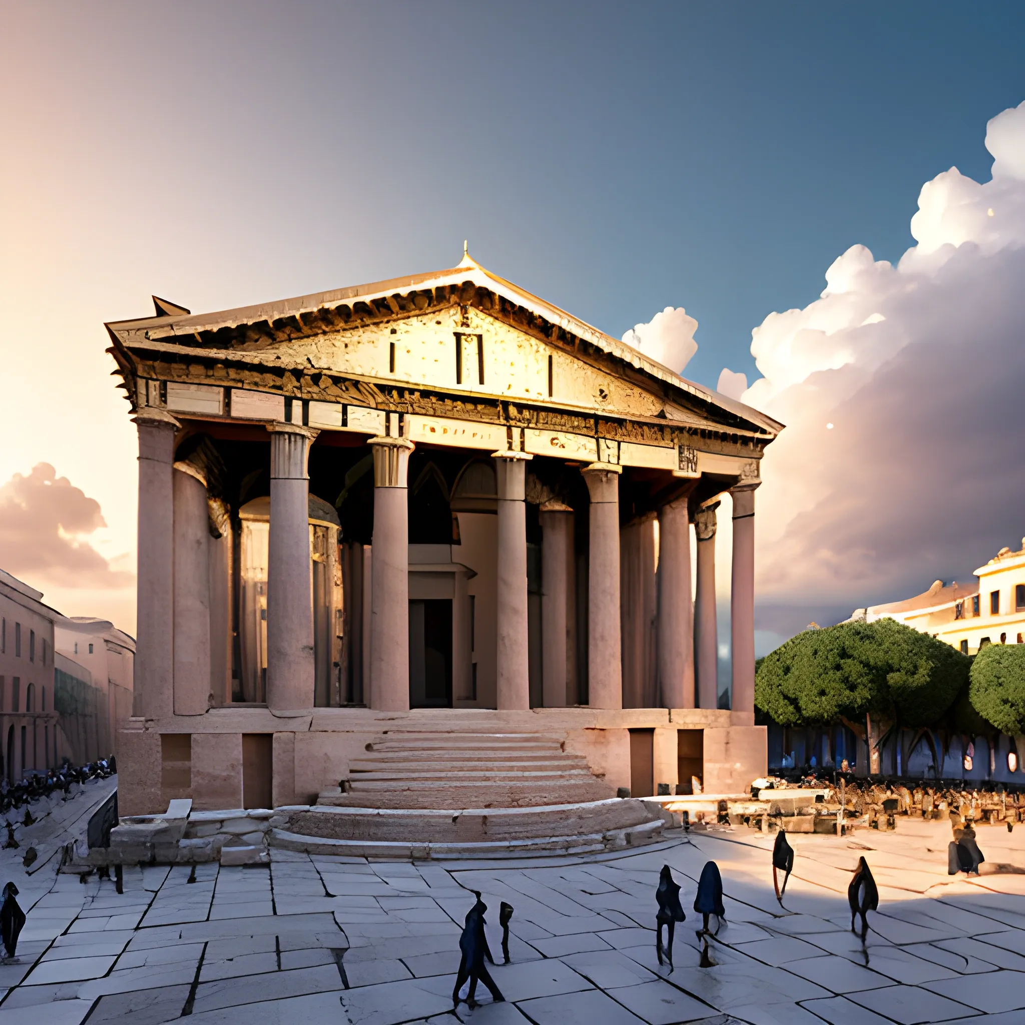 Panoramic view, Greek pantheon built in the sky surrounded by clouds, which denotes a heavenly appearance, well-lit environment in daylight, street details, Greek buildings, ancient Greek architectural details, detailed environment, hyper realistic, lighting cinematic, heavenly city, detailed clouds, detailed appearance of the statues, 8k details, wide angle, 3D