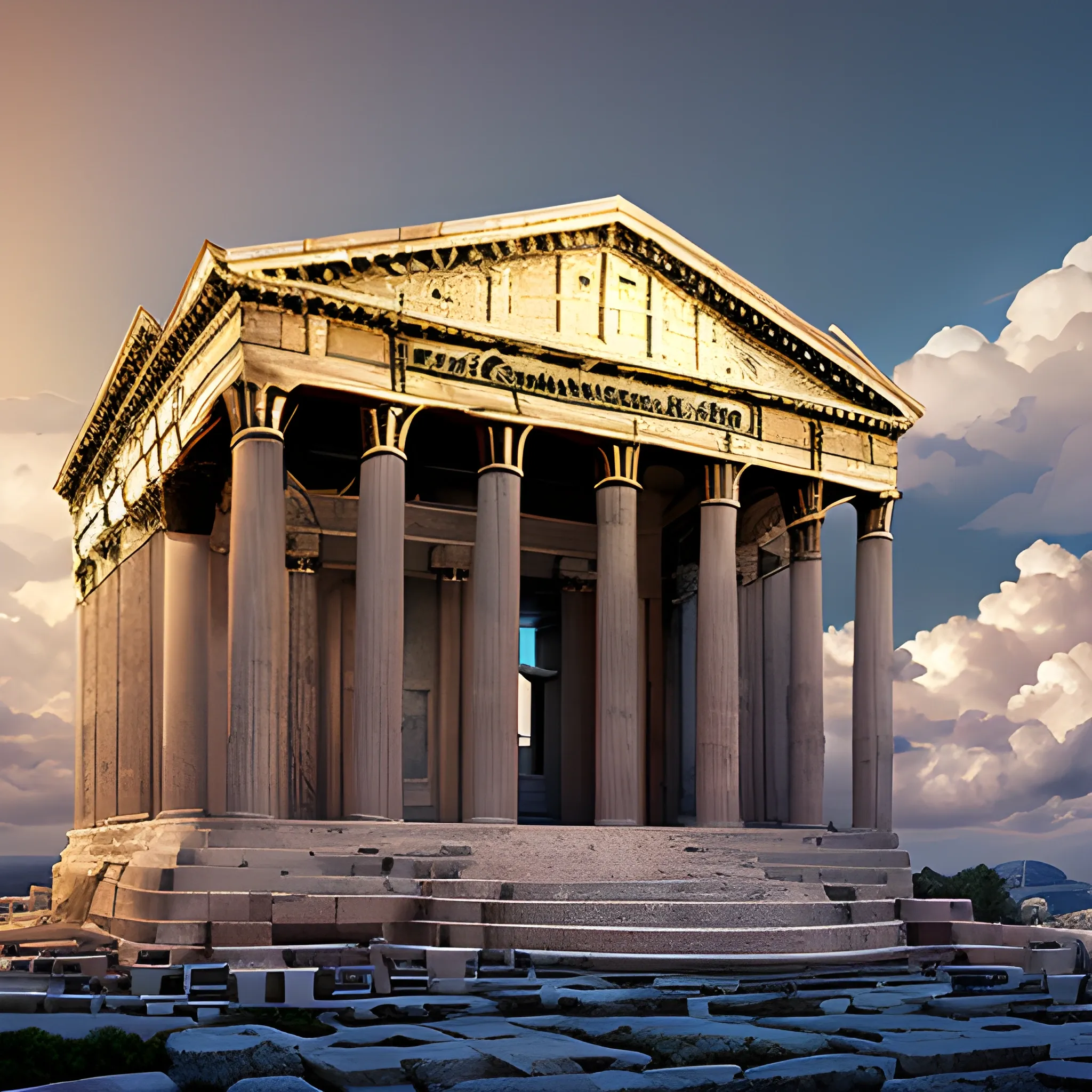 panoramic view, sky built greek pantheon surrounded by clouds, denoting a heavenly appearance, cinematic lighting, ancient greek architectural details, detailed environment, hyper realistic, cinematic lighting, heavenly city, detailed clouds, detailed appearance of the statues, 8k details, wide angle, 3D