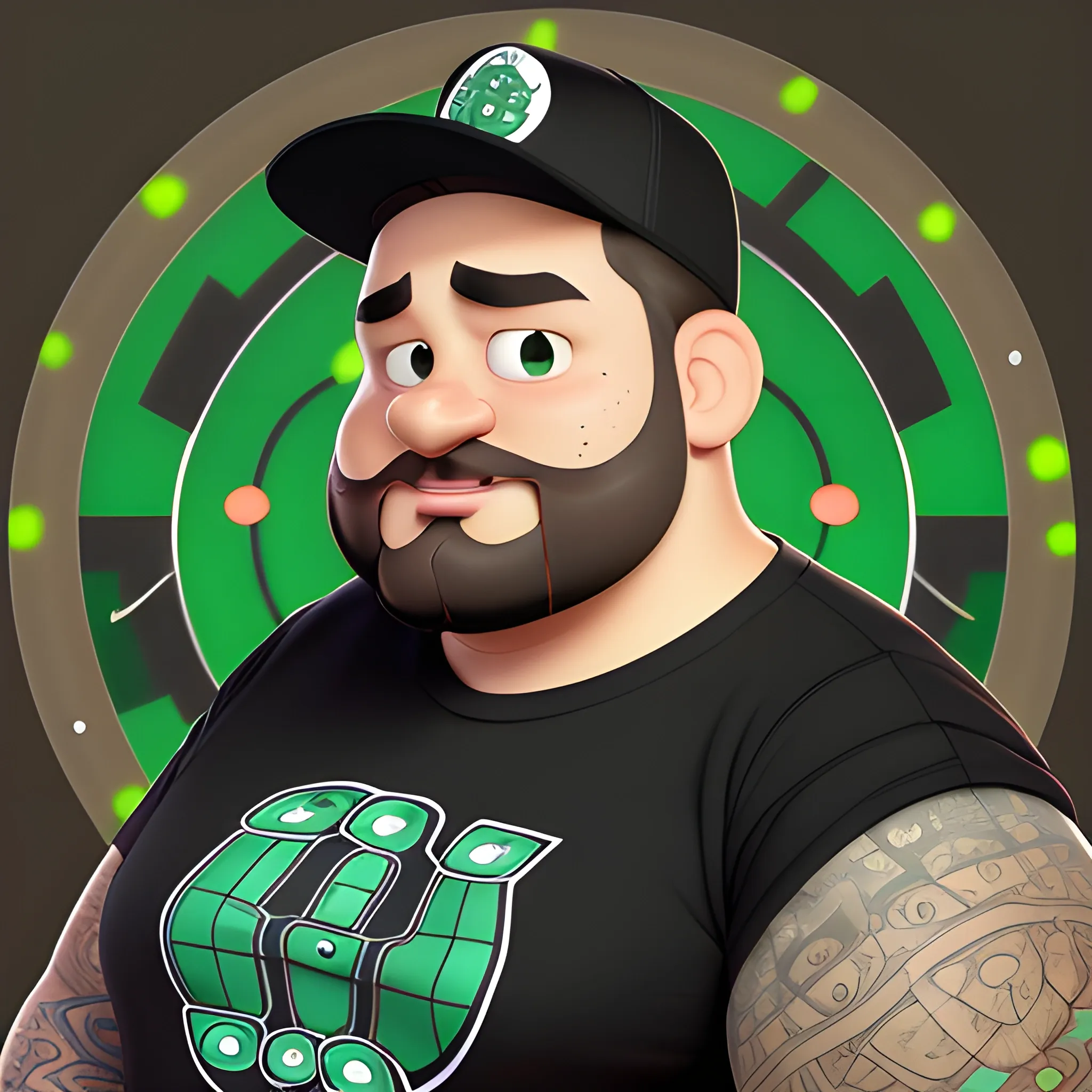 A Portrait Shots of an unreleased Pixar movie wearing black shirt, 8K, character description is a fat 38 years old guy, curly brown hair with the other way around snapback hat of boston celtics, wide face, dark circle under eyes, brown beard with low cut mustache, latino , Cartoon, light brown eyes color, right arm sleeve mandala tattoo, Cartoon