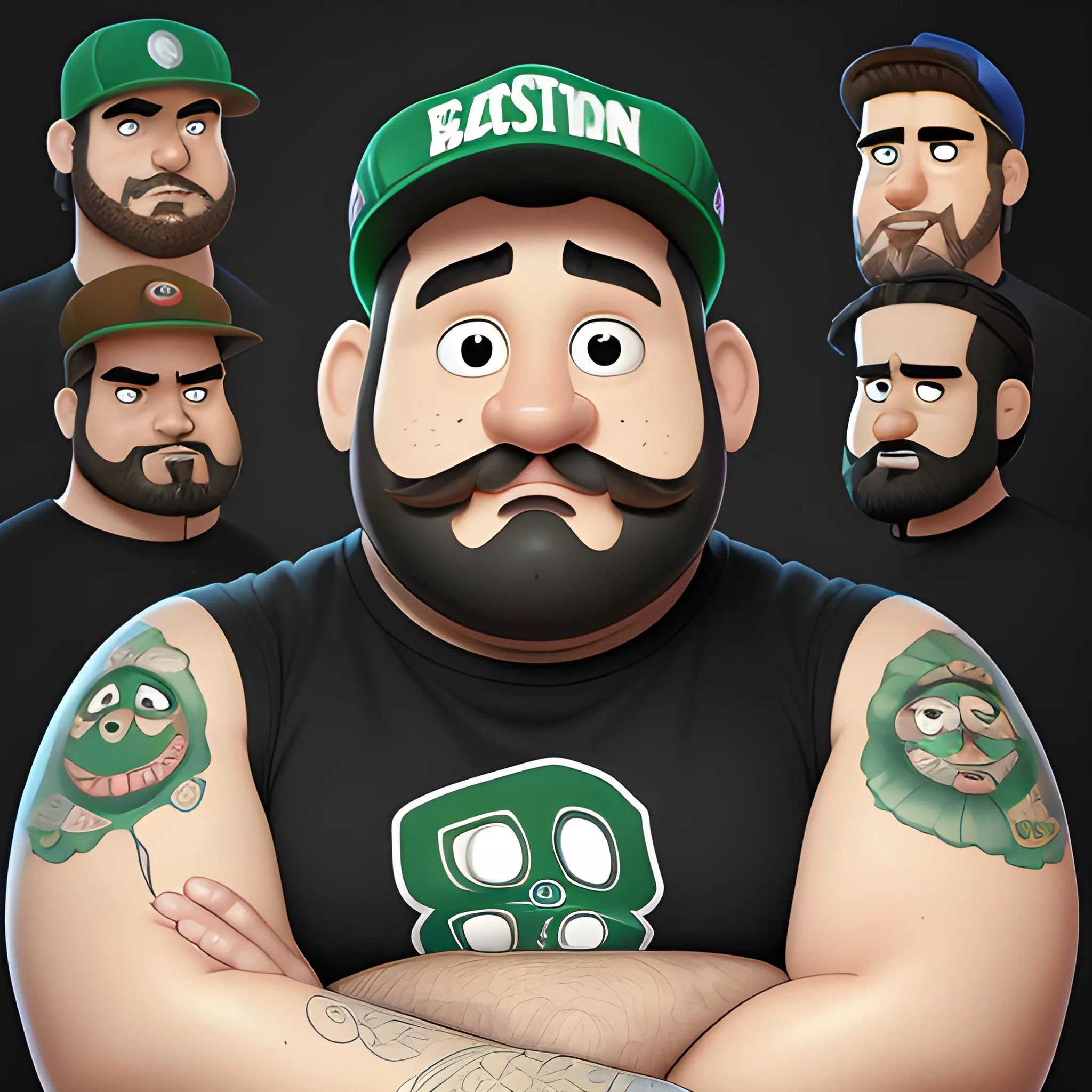 A Portrait Shots of an unreleased Pixar movie wearing black shirt, 8K, character description is a fat 38 years old guy, curly brown hair with the other way around snapback hat of boston celtics, wide face, dark circle under eyes, brown beard with low cut mustache, latino , Cartoon, light brown eyes color, right arm sleeve mandala tattoo, Cartoon