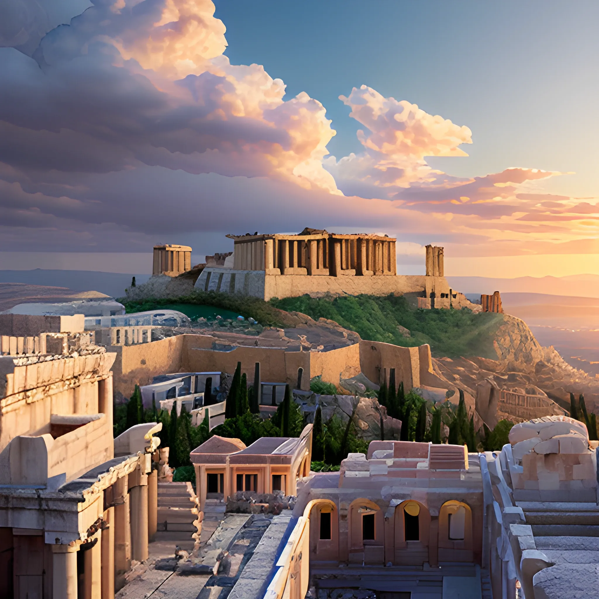 panoramic view, acropolis city, in the sky, surrounded by clouds, heavenly appearance, cinematic lighting, ancient greek architectural details, detailed environment, hyper realistic, cinematic lighting, heavenly city, detailed clouds, detailed appearance of the statues, details of 8k, wide angle, 3D