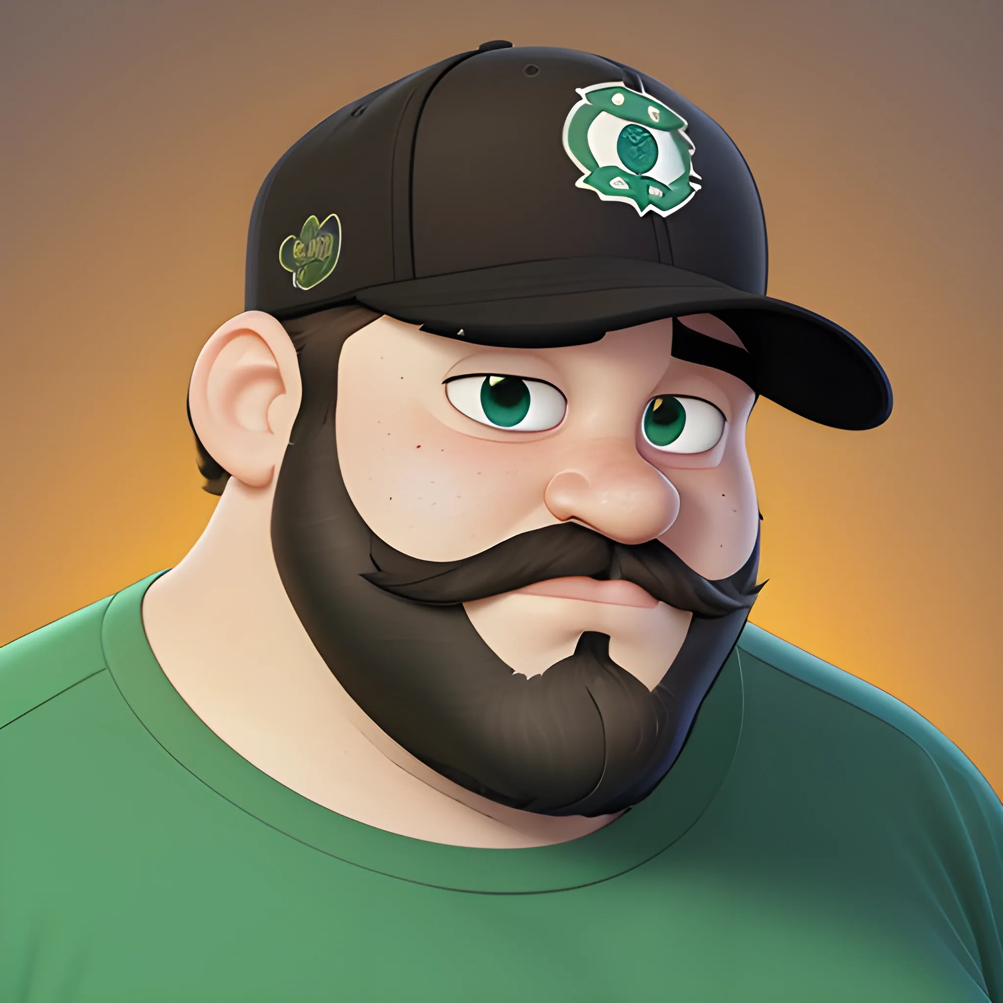 A Portrait Shots of an unreleased Pixar movie wearing black shirt, 8K, character description is a fat 38 years old guy, curly long brown hair with the other way around snapback hat of boston celtics, wide face, dark circle under eyes, brown beard with low cut mustache, latino , Cartoon, light brown eyes color, right arm sleeve mandala tattoo, Cartoon