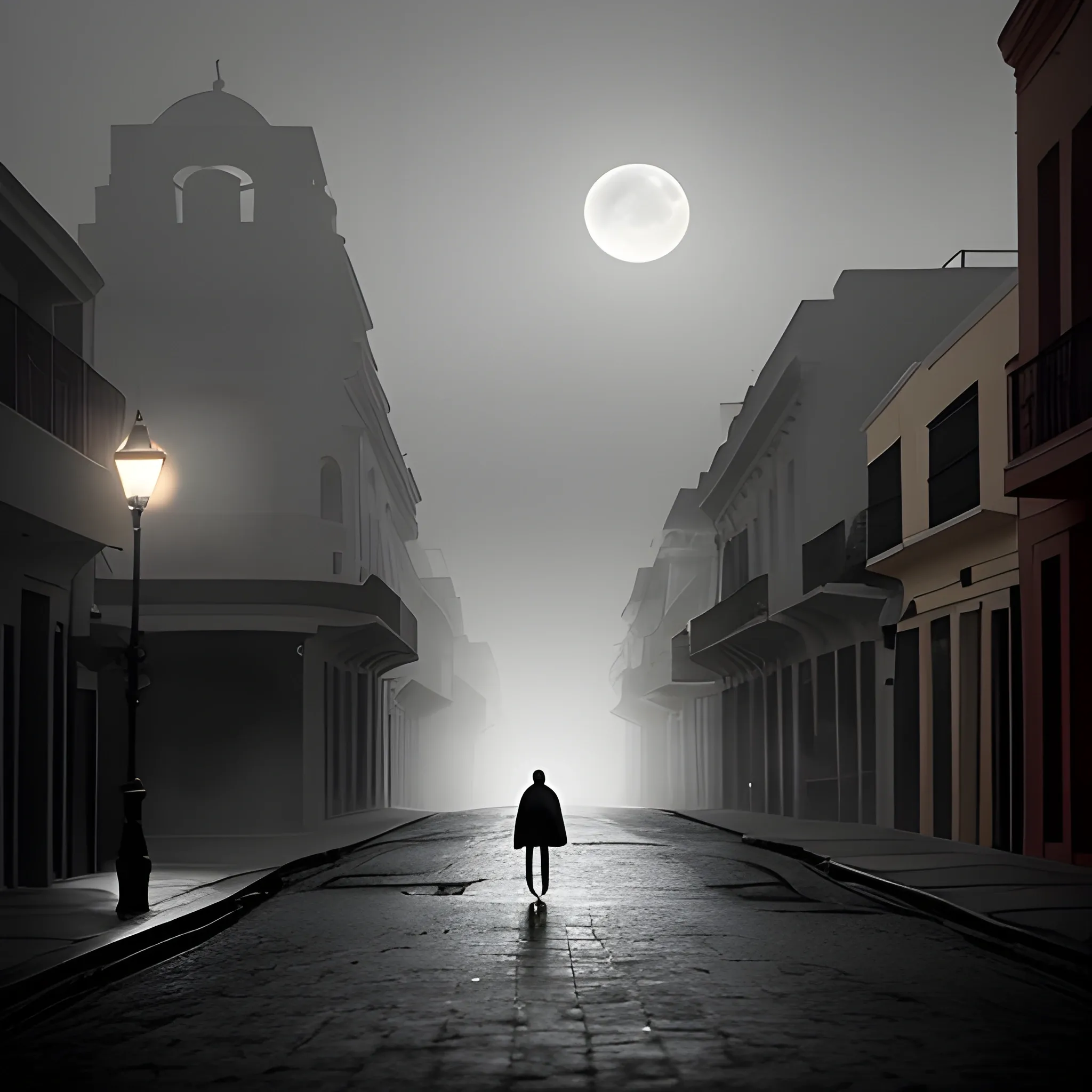 A lonely traveler's silhouette walks across a desolate old san juan streets , illuminated by the cold light of a full moon and shrouded in heavy fog. The atmosphere should evoke mystery and solitude, with an abstract composition following the rule of thirds. Emphasize the chilling presence of the bright moon and the dense fog enveloping the solitary figure. The image should resemble a 35mm photograph in style and quality., 3D