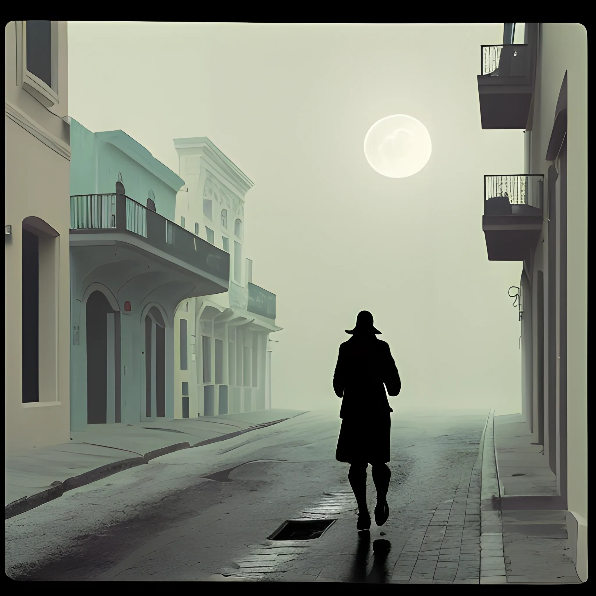 A lonely traveler's silhouette walks across a desolate old san juan streets, illuminated by the cold light of a full moon and shrouded in heavy fog. The atmosphere should evoke mystery and solitude, with an abstract composition following the rule of thirds. Emphasize the chilling presence of the bright moon and the dense fog enveloping the solitary figure. The image should resemble a 35mm photograph in style and quality., 3D, 3D