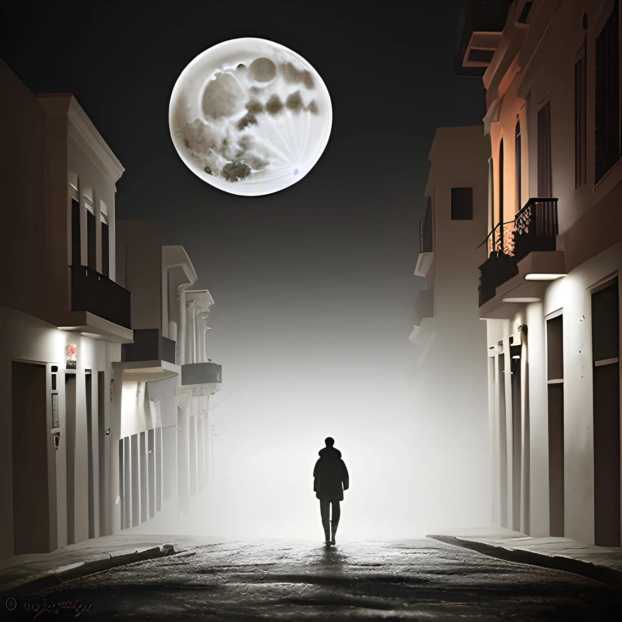 A lonely traveler's silhouette walks across a desolate old san juan streets, illuminated by the cold light of a full moon and shrouded in heavy fog. The atmosphere should evoke mystery and solitude, with an abstract composition following the rule of thirds. Emphasize the chilling presence of the bright moon and the dense fog enveloping the solitary figure. The image should resemble a 35mm photograph in style and quality., 3D, Oil Painting