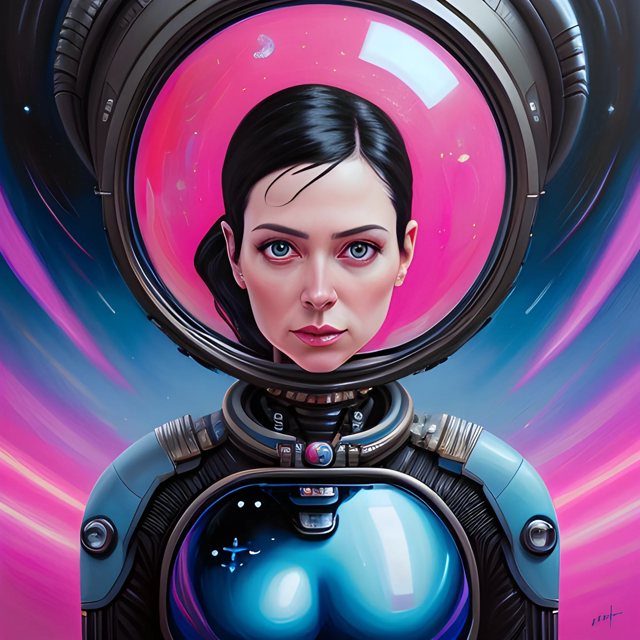 , Oil Paintingcreate a sci-fi portrait of a woman :: 35 years old :: black hair:: alien spacesuit:: hyper detail:: quality 8K:: style realism--230:: sharp focus:: color blue and fuchsia--0.8 ::daytime soft lighting:: masterpiece, Trippy