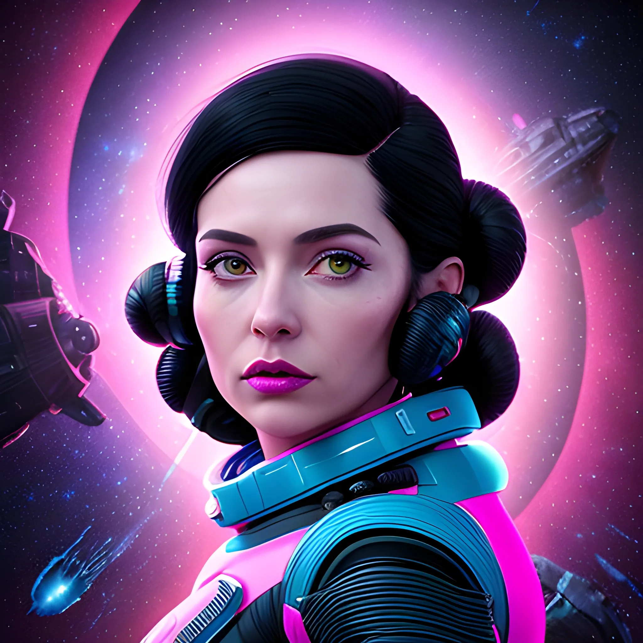create a sci-fi portrait of a woman :: 35 years old :: black hair:: alien spacesuit:: hyper detail:: quality 8K:: style realism--230:: sharp focus:: color blue and fuchsia--0.8 ::daytime soft lighting:: masterpiece