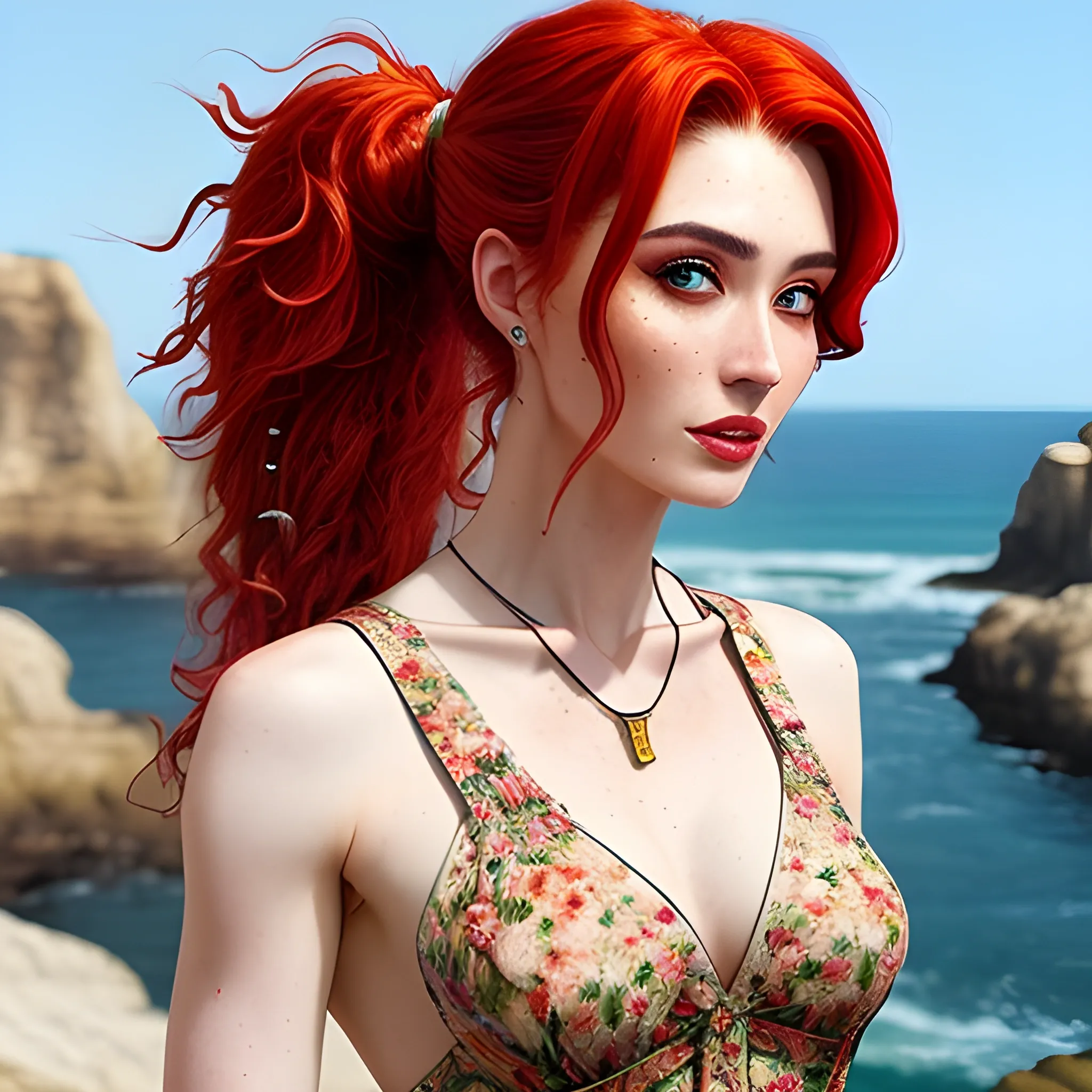 best quality:1.4, masterpiece:1.4, detailed:1.3, 8K,  1girl, collarbone, wavy hair, looking at viewer, blurry, upper body, necklace, suspenders, floral print, ponytail, freckles, red hair, sunlight,