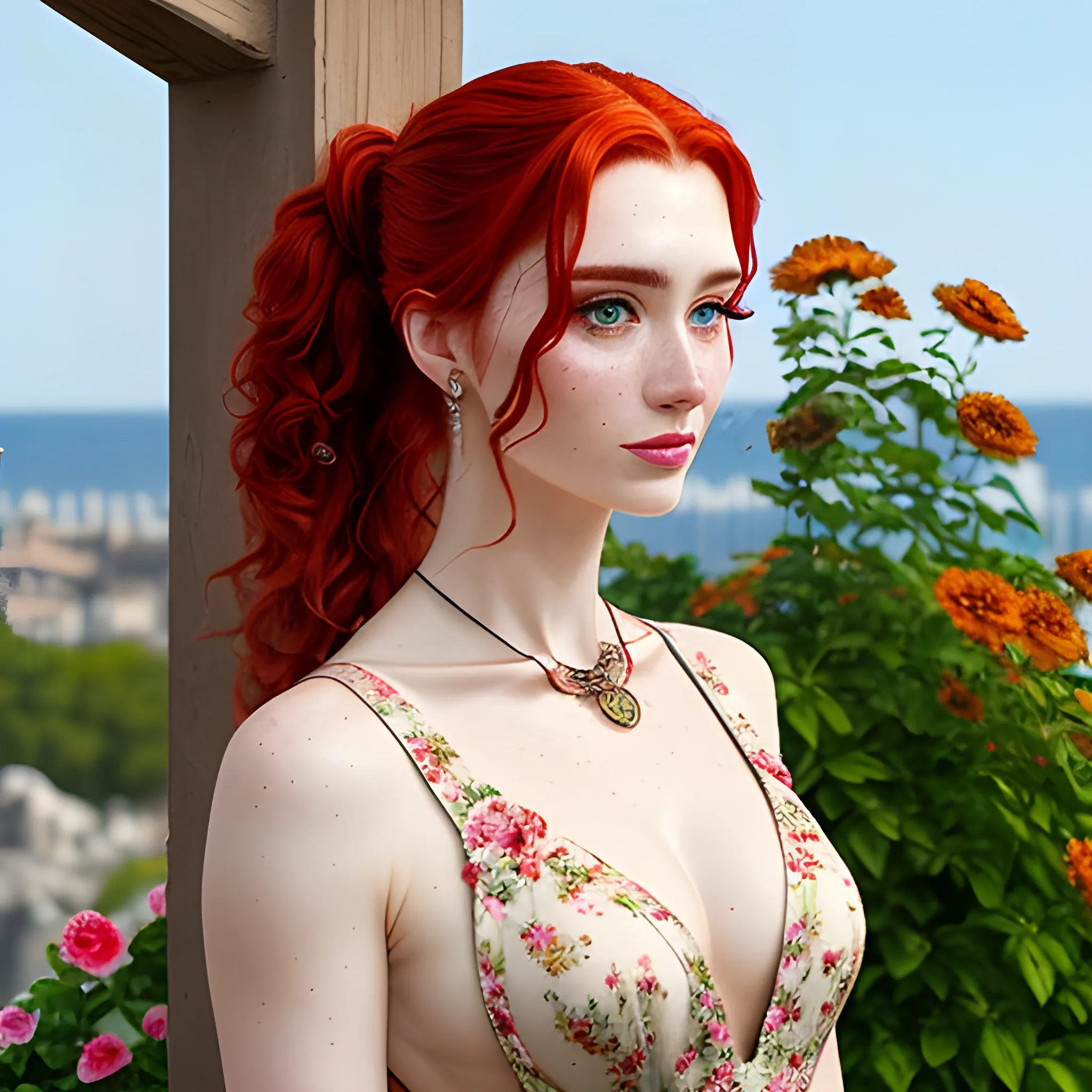 best quality:1.4, masterpiece:1.4, detailed:1.3, 8K,  1girl, collarbone, wavy hair, looking at viewer, blurry, upper body, necklace, suspenders, floral print, ponytail, freckles, red hair, sunlight,