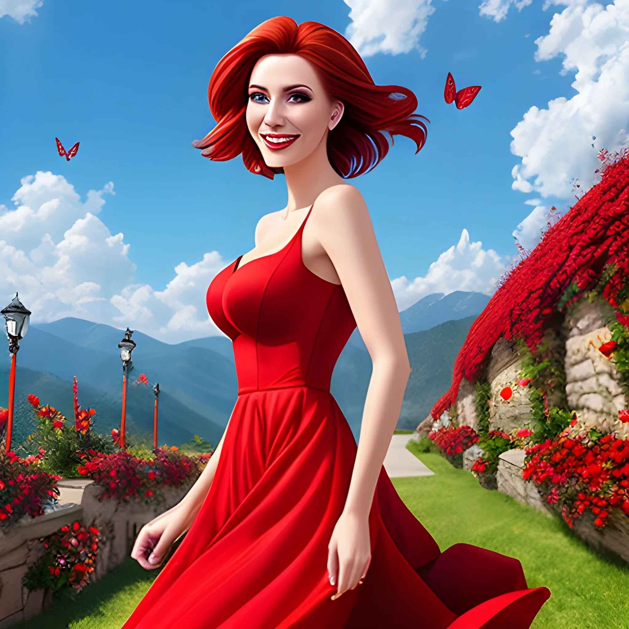 skirtlift, (masterpiece, best quality:1.4), detailed background, sharp focus, professional lighting, dynamic angle, lens flare, 1girl, medium hair, multicolored hair, red summer dress, (red dress), sky, butterflies, grin