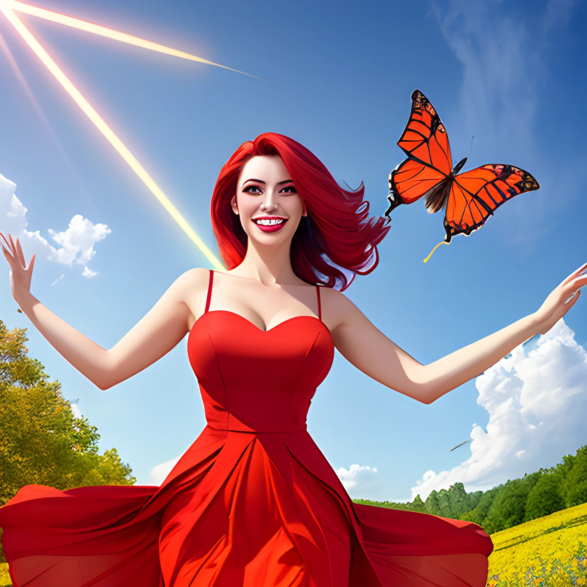 skirtlift, (masterpiece, best quality:1.4), detailed background, sharp focus, professional lighting, dynamic angle, lens flare, 1girl, medium hair, multicolored hair, red summer dress, (red dress), sky, butterflies, grin