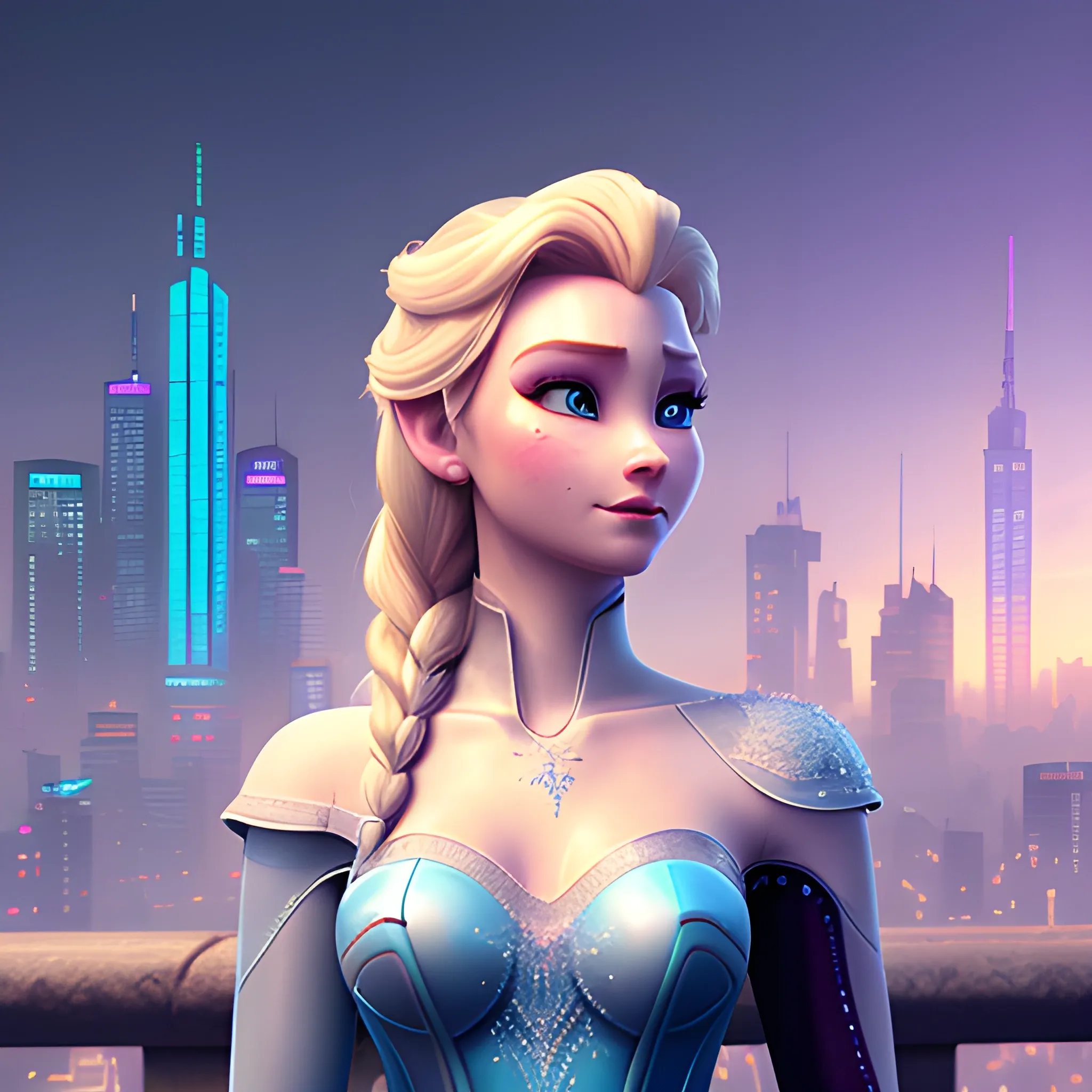 best quality:1.4, masterpiece:1.4, detailed:1.3, 8K, Elsa in cyberpunk world