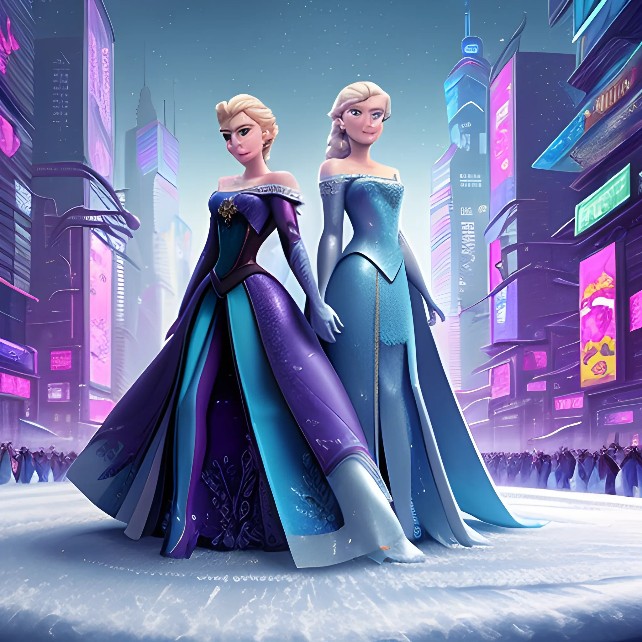 best quality:1.4, masterpiece:1.4, detailed:1.3, 8K, Elsa  and Anna in cyberpunk world