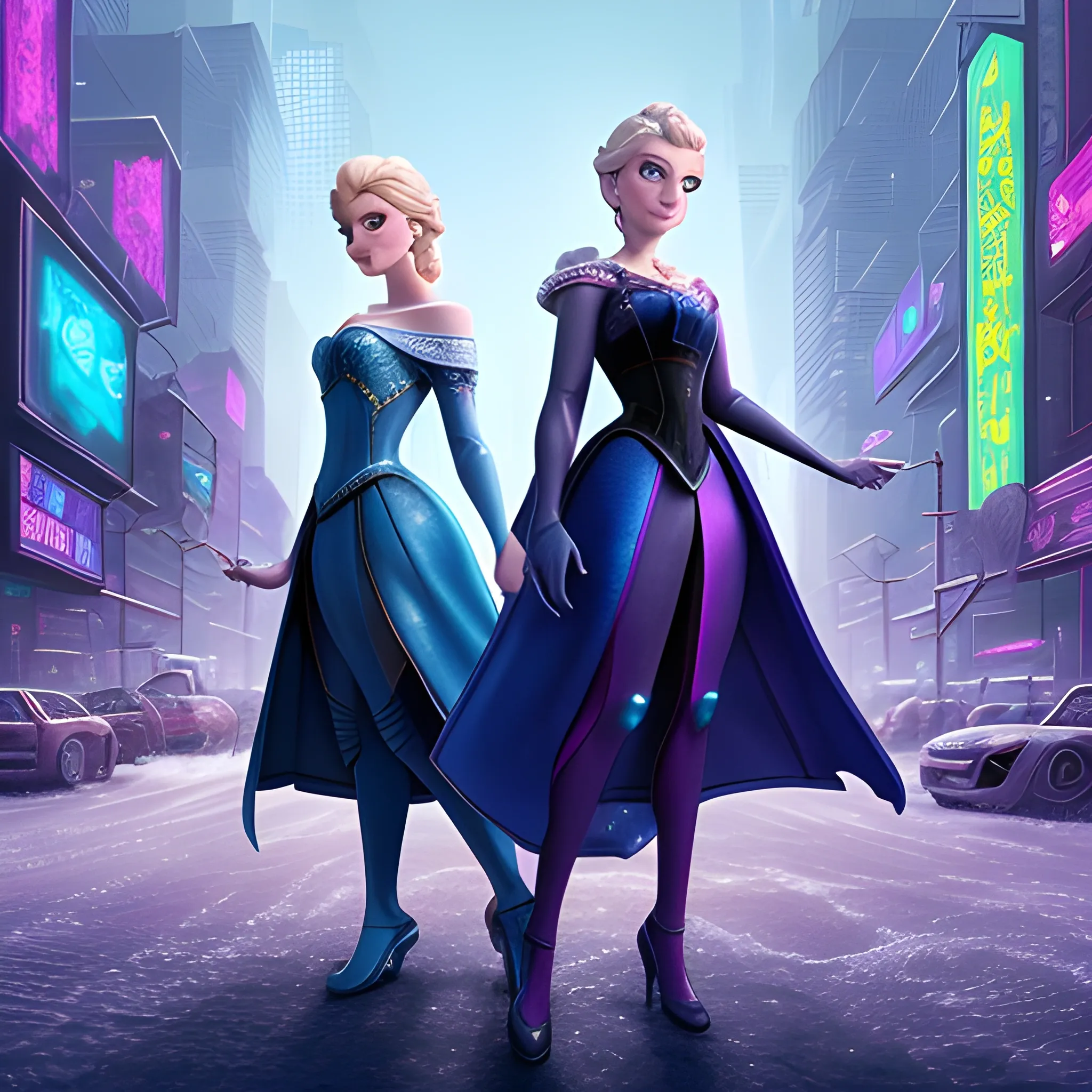 best quality:1.4, masterpiece:1.4, detailed:1.3, 8K, Elsa  and Anna in cyberpunk world