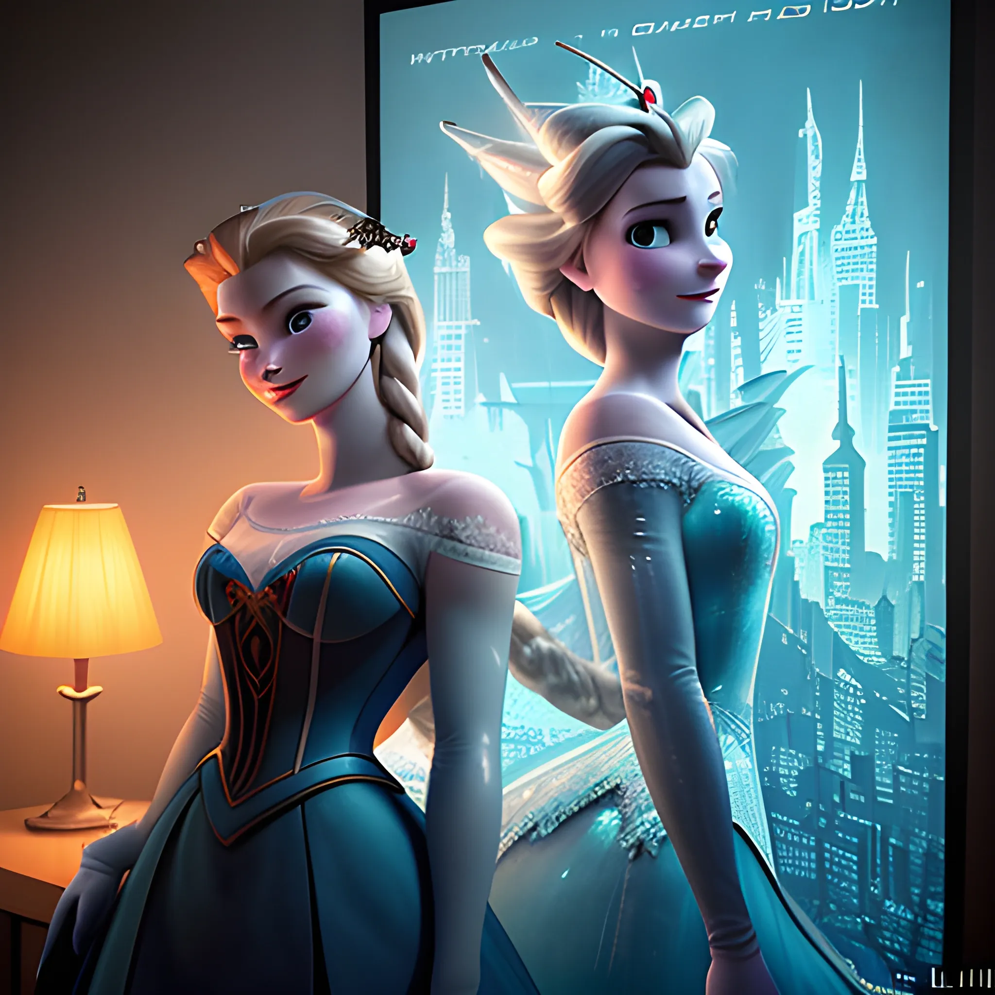 best quality:1.4, masterpiece:1.4, detailed:1.3, 8K, (((Elsa  and Anna))) in cyberpunk world, (Rough Photo:1.3) of (Ultra detailed:1.3), (by Artist Gil Elvgren:1.3), Highly Detailed, (50s Art:1.3), (Blue hue:1.3), detailed skin, detailed eyes, realistic eyes, 20 megapixel, canon eos r3, detailed skin, detailed face, (TungstenDispo:1.2), raw photo, (style by Flora Borsi), bold, bright colours, ((Flora Borsi)), dslr, dramatic lighting, high quality, film grain, Fujifilm XT3, (strong backlight:1.1), analog style (liminal space), by Syd Mead, by André Kertész, by Tadao Ando