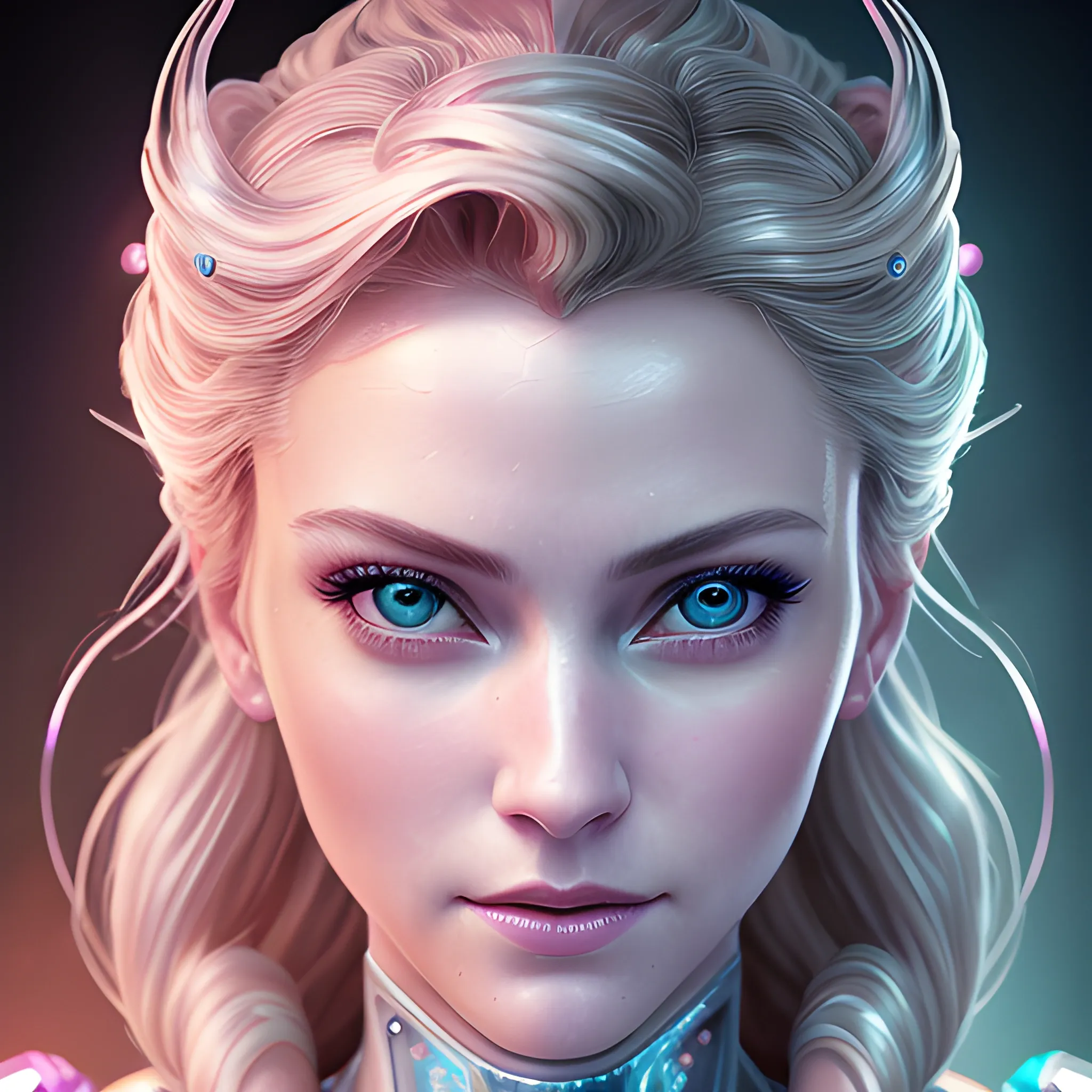 best quality:1.4, masterpiece:1.4, detailed:1.3, 8K, Elsa  in cyberpunk world, (Masterpiece Photo), Detailed, (close portrait:1.3), (Feminine:1.4), (beautiful:1.4), (attractive:1.3), calendar pose, perfectly detailed eyes, studio lighting, thematic background