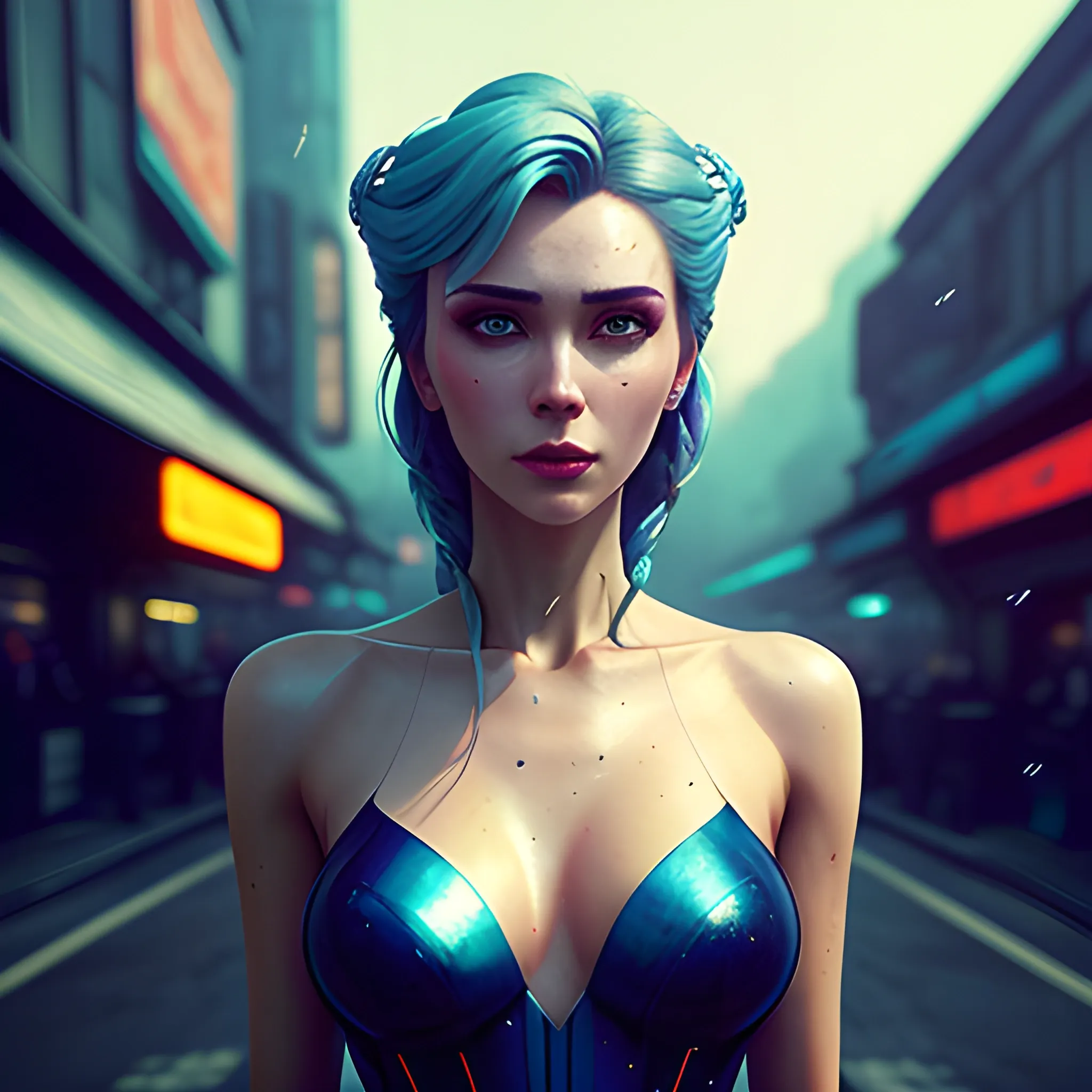 best quality:1.4, masterpiece:1.4, detailed:1.3, 8K, beautiful photo, Elsa  in cyberpunk world, A stunning intricate full color photo of epic character composition, by ilya kuvshinov, alessio albi, nina masic, sharp focus, natural lighting, subsurface scattering, f2, 35mm, film grain,