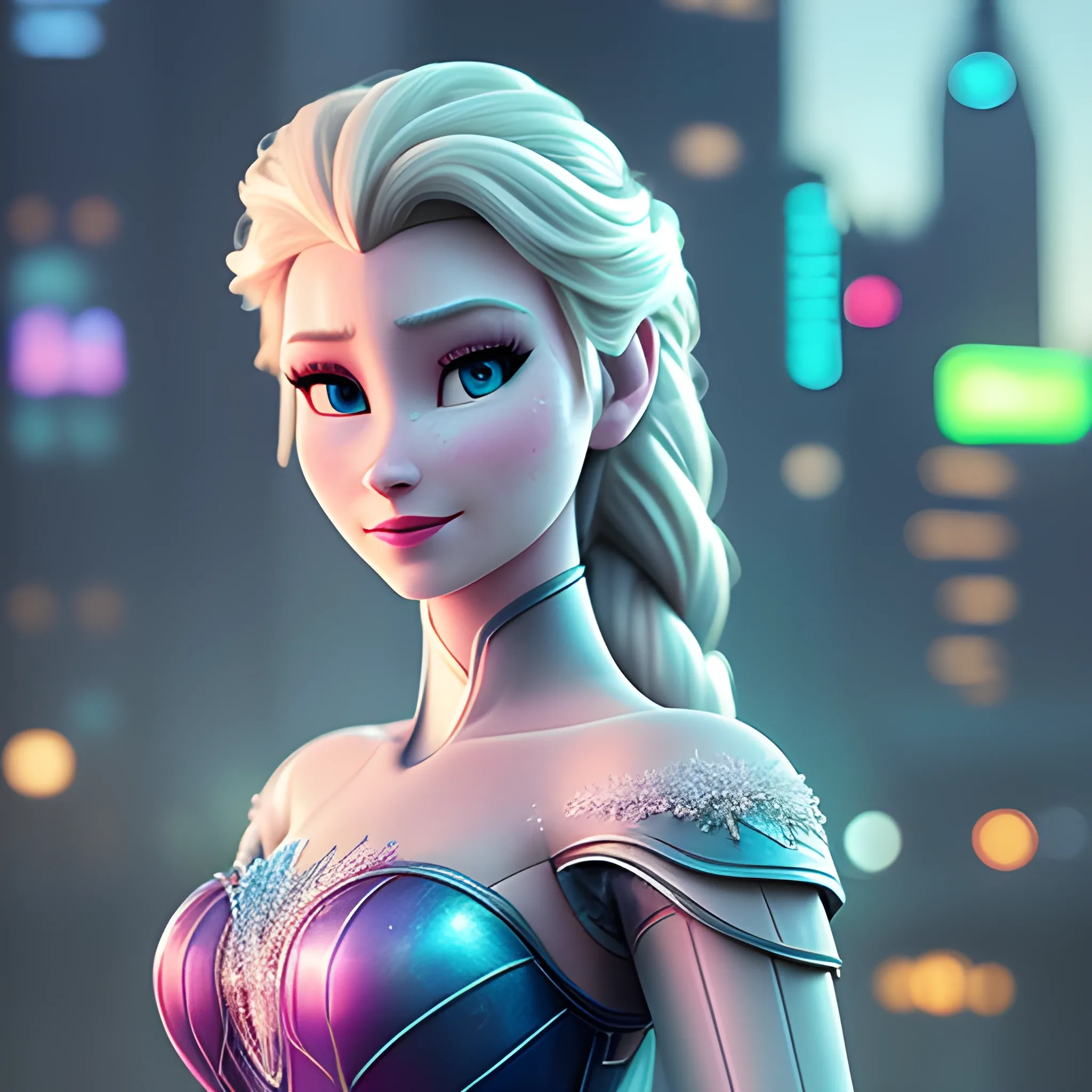 best quality:1.4, masterpiece:1.4, detailed:1.3, 8K, Elsa  in cyberpunk world, highly detailed, intricate, sharp focus, depth of field, f/1.8, 85mm, (professionally color graded), ((bright soft diffused light)), trending on instagram, trending on tumblr, hdr 4k, 8k