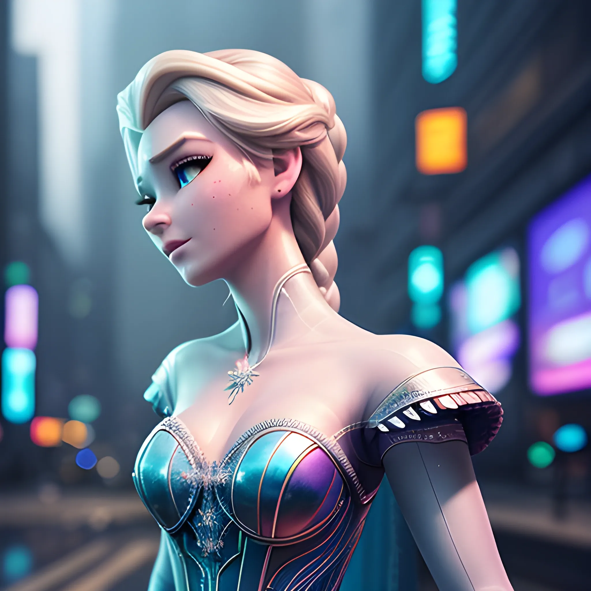 best quality:1.4, masterpiece:1.4, detailed:1.3, 8K, Elsa  in cyberpunk world, highly detailed, intricate, sharp focus, depth of field, f/1.8, 85mm, (professionally color graded), ((bright soft diffused light)), trending on instagram, trending on tumblr, hdr 4k, 8k