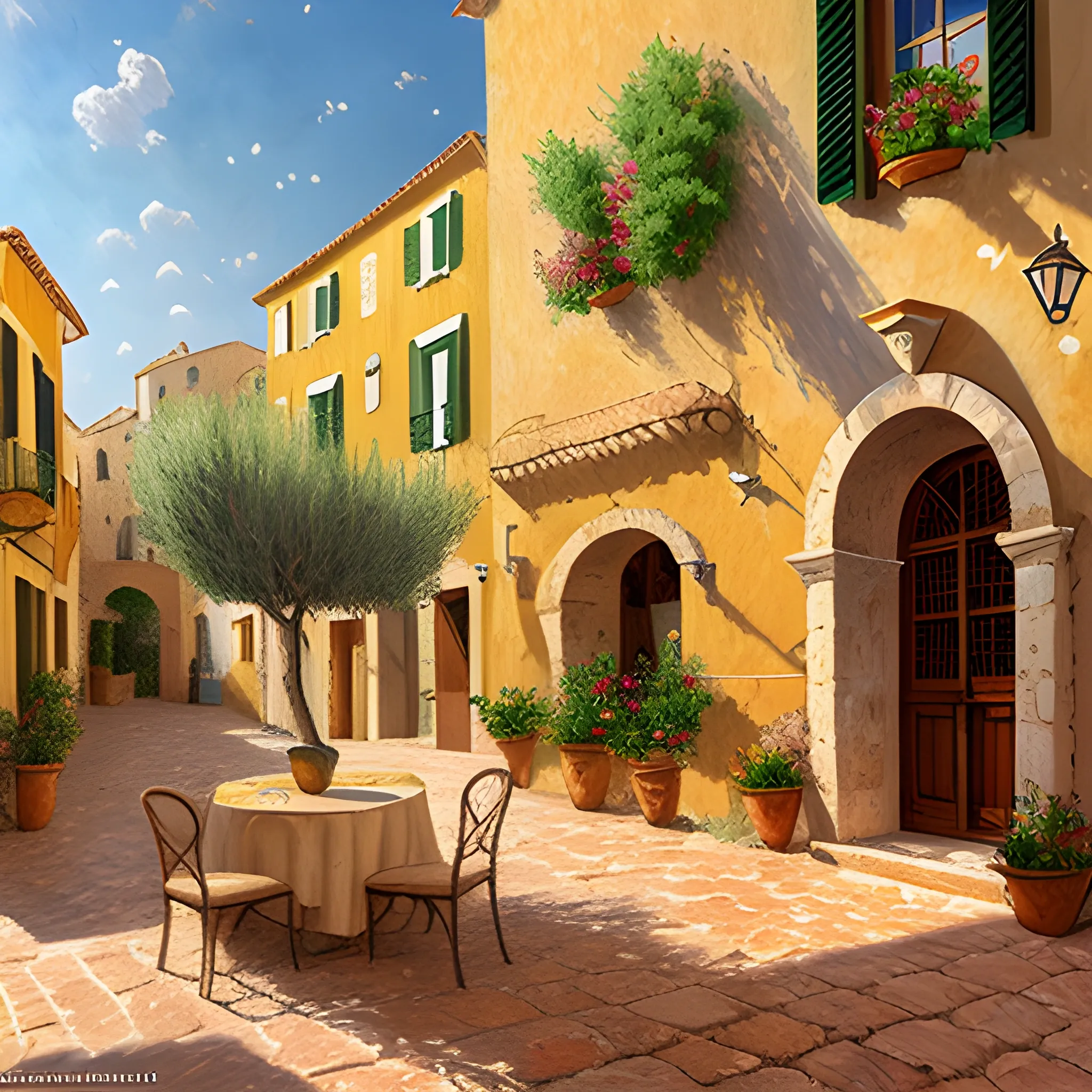 a traditional Mediterranean town in the street of a small village on the Riviera. a terrace in the shade of a hundred-yyear-oold olive tree; a friendly atmosphere around pizzas and rose wine. dolce vita. unreal engine rendering, hyper-realist, ultra-detailed, oil painting, warm colors, happy, impressionism, Da Vinci, style of Garri Bardin --ar 2:3