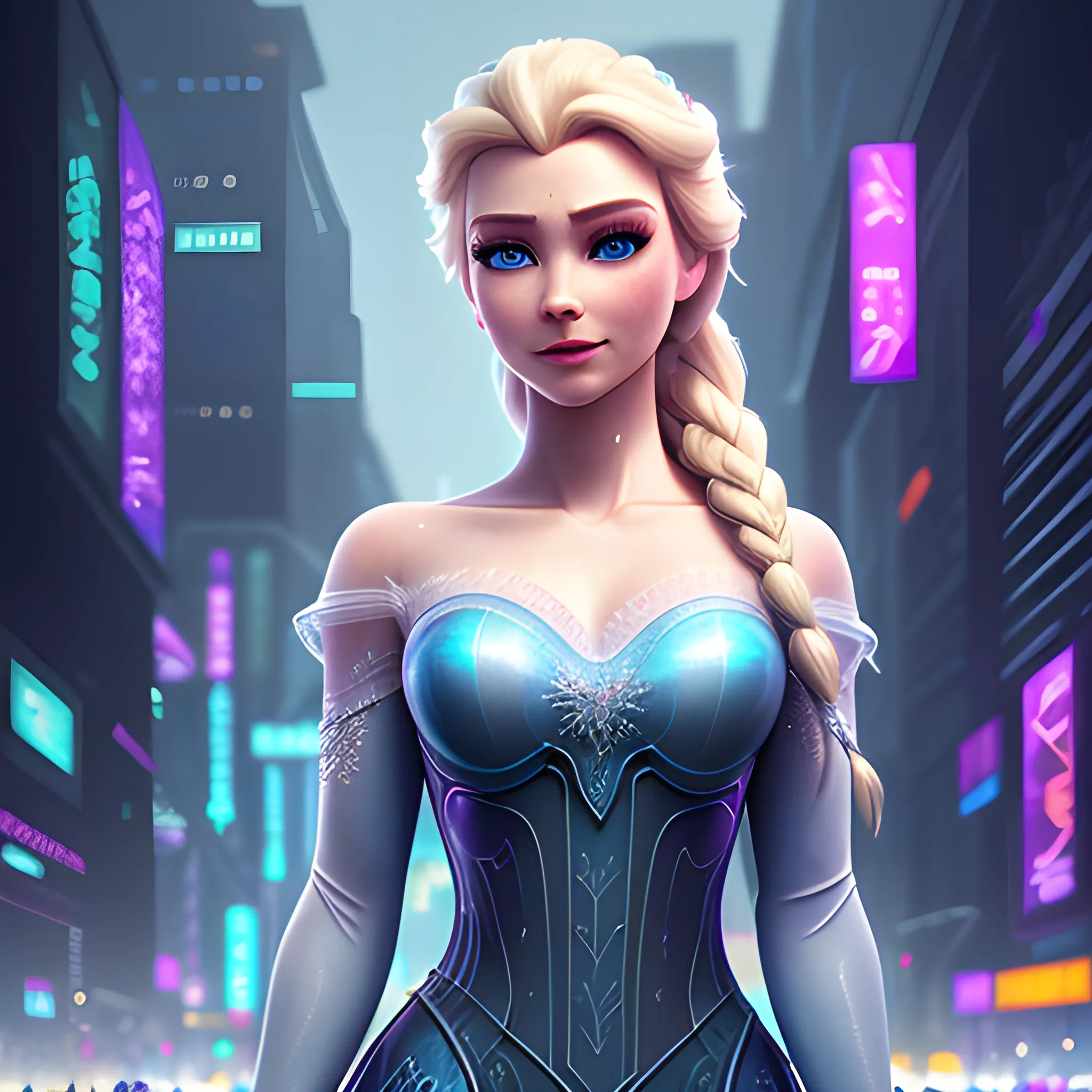 best quality:1.4, masterpiece:1.4, detailed:1.3, 8K, Elsa  in cyberpunk world, masterpiece, best quality, high contrast, soft lighting, backlighting, bloom, light sparkles, chromatic aberration, smooth, sharp focus