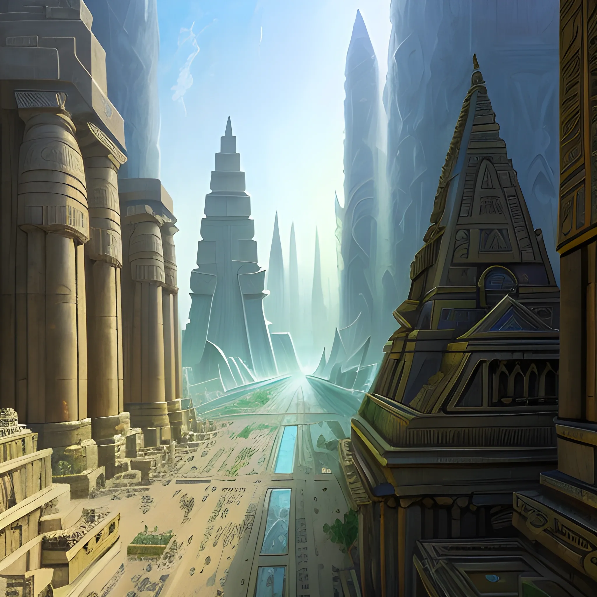 Draw futuristic city, with ancient Egyptian architecture style, ancient Egyptian temples, Pyramids, with some green parks and floating platform buildings, painting by gaston bussiere,Maru Godas Carlo Stanga , oil on canvas, trending on artstation, featured on pixiv, cinematic composition, extreme detail, metahuman creator ,(best quality:1.4), ((masterpiece)),((realistic)), (detailed), Negative prompt: paintings, sketches, (worst quality:2.0),(normal quality:2.0), (low quality:2.0), lowres, ((monochrome)), ((grayscale))(monochrome:1.1), (shota:1.5), ((disfigured)), ((bad art))