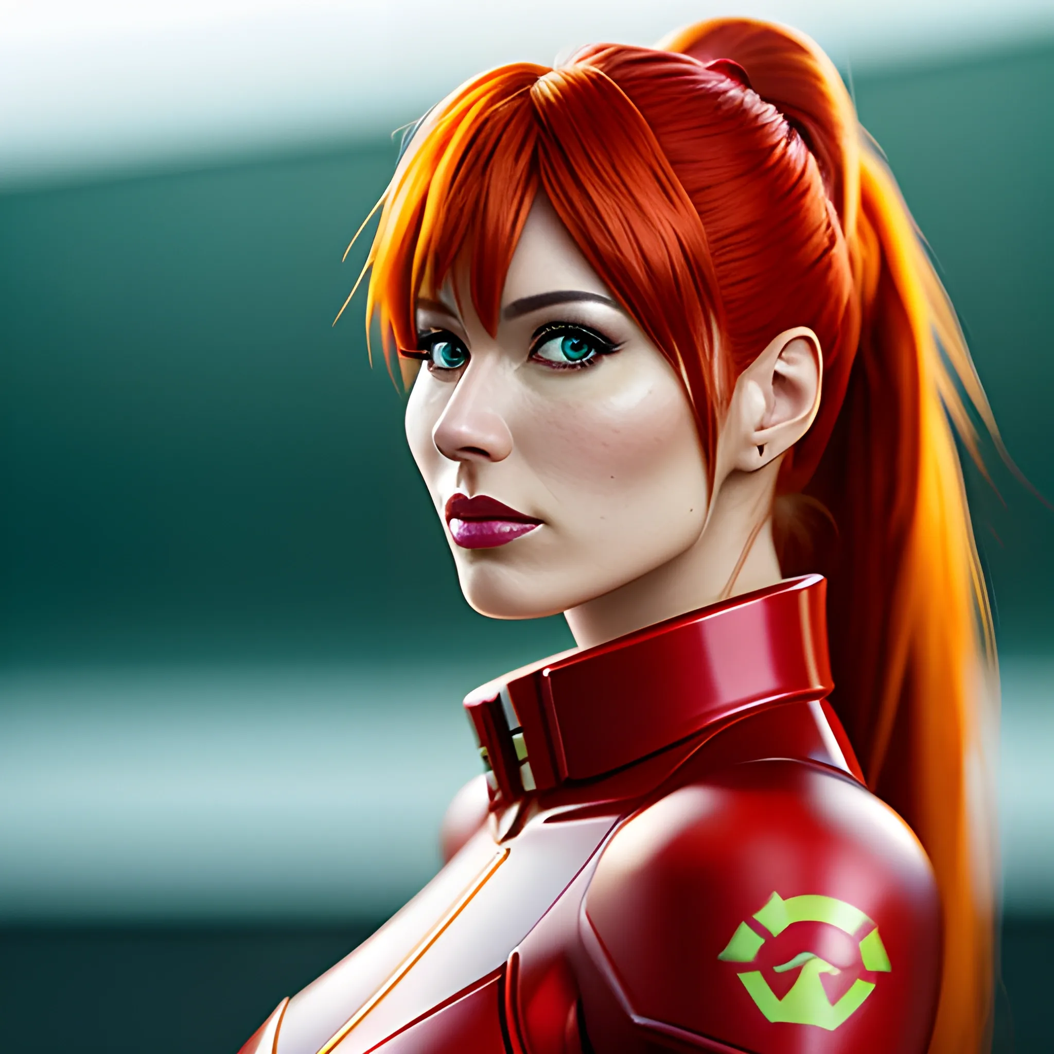 1girl, solo, portrait of Asuka Langley red outfit in space hanggar, serious, details, realistic, photography, blurry background, softfocus, bokeh 