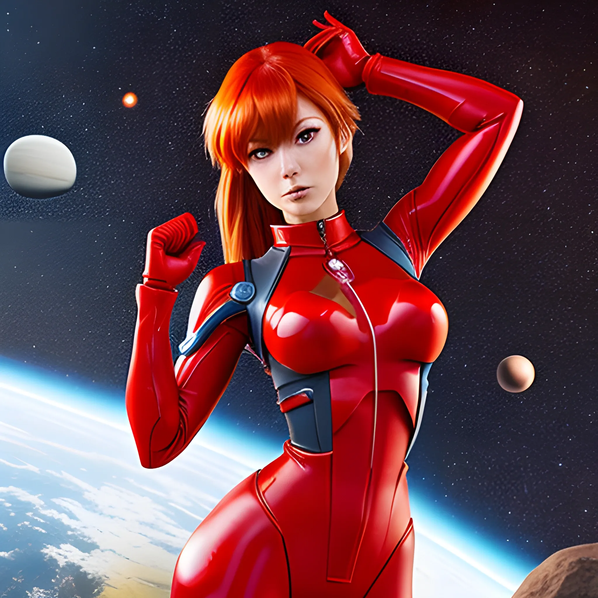 1girl, solo, portrait of Asuka Langley red outfit in space hanggar, full body, serious, details, realistic, photography, blurry background, softfocus, bokeh 